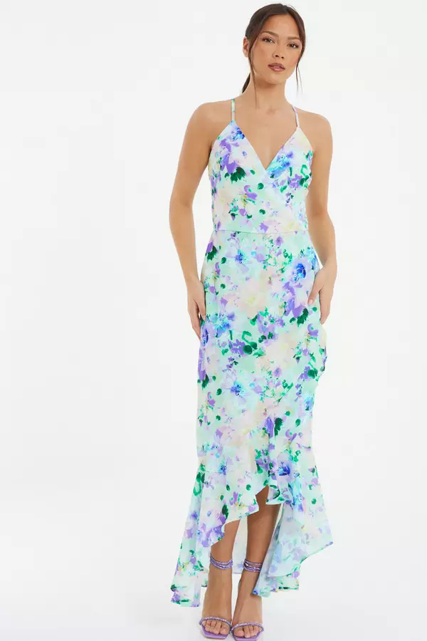 Multicoloured Floral Wrap Dip Hem Maxi Dress