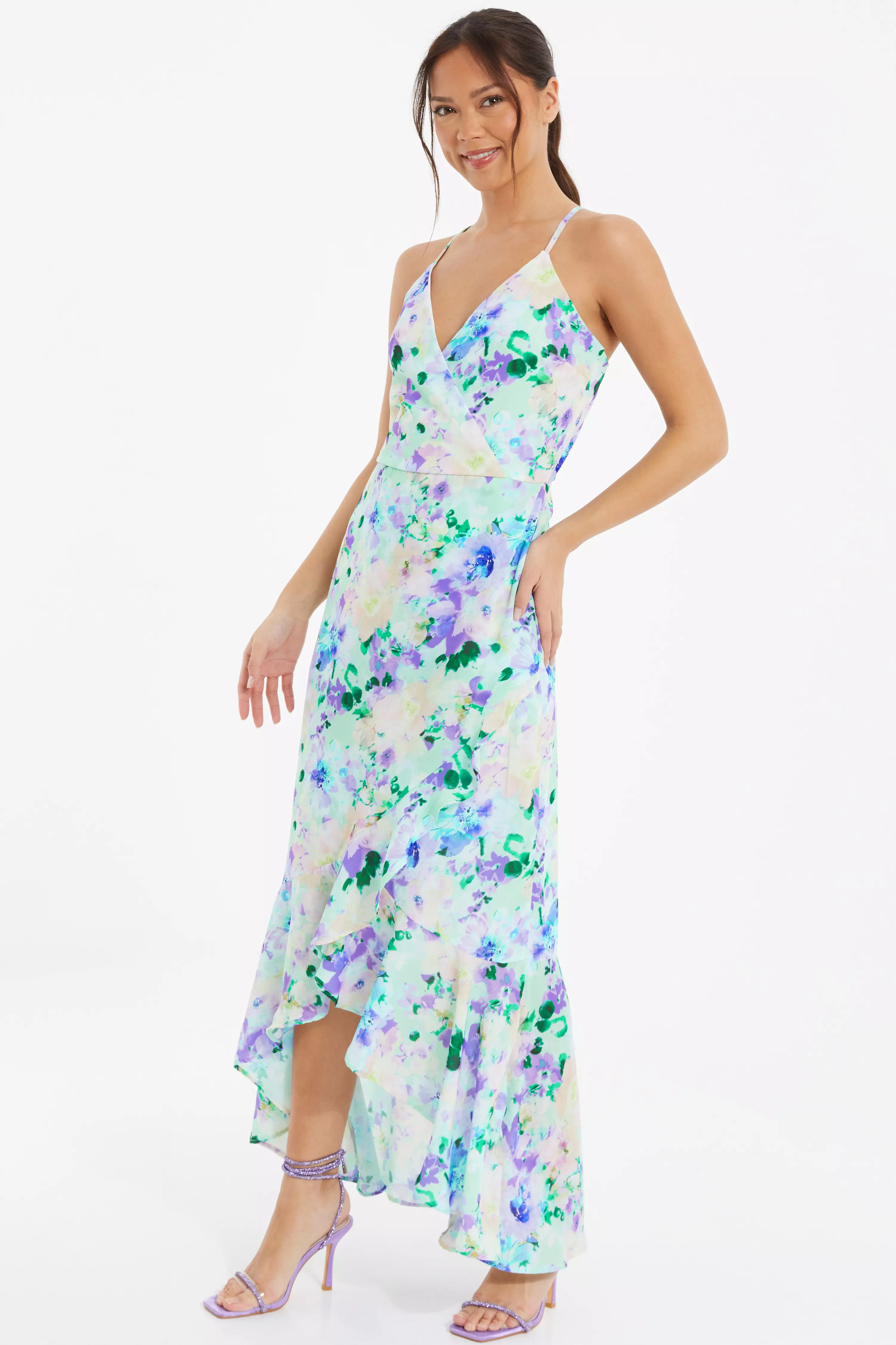 Multicoloured Floral Wrap Dip Hem Maxi Dress