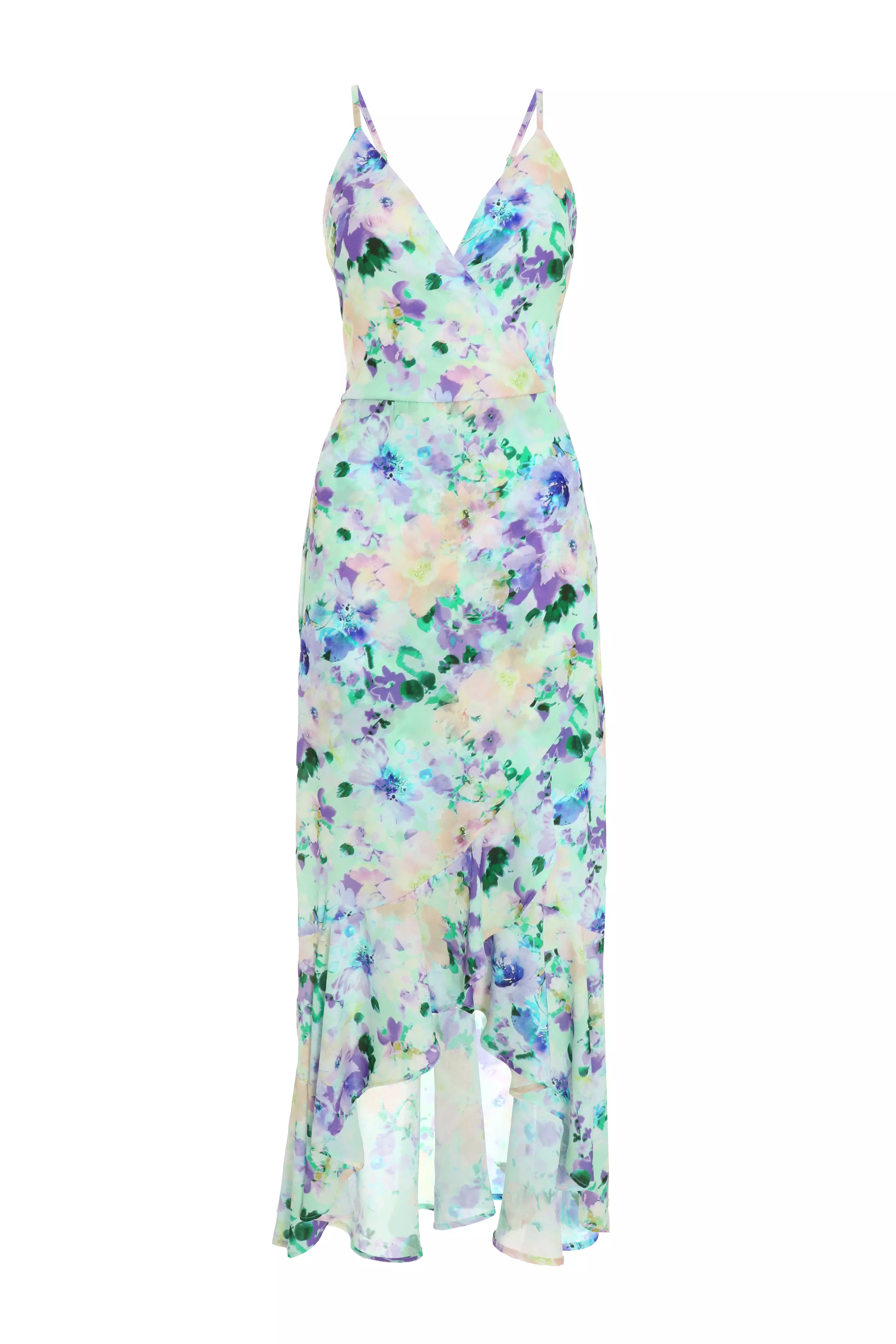 Multicoloured Floral Wrap Dip Hem Maxi Dress