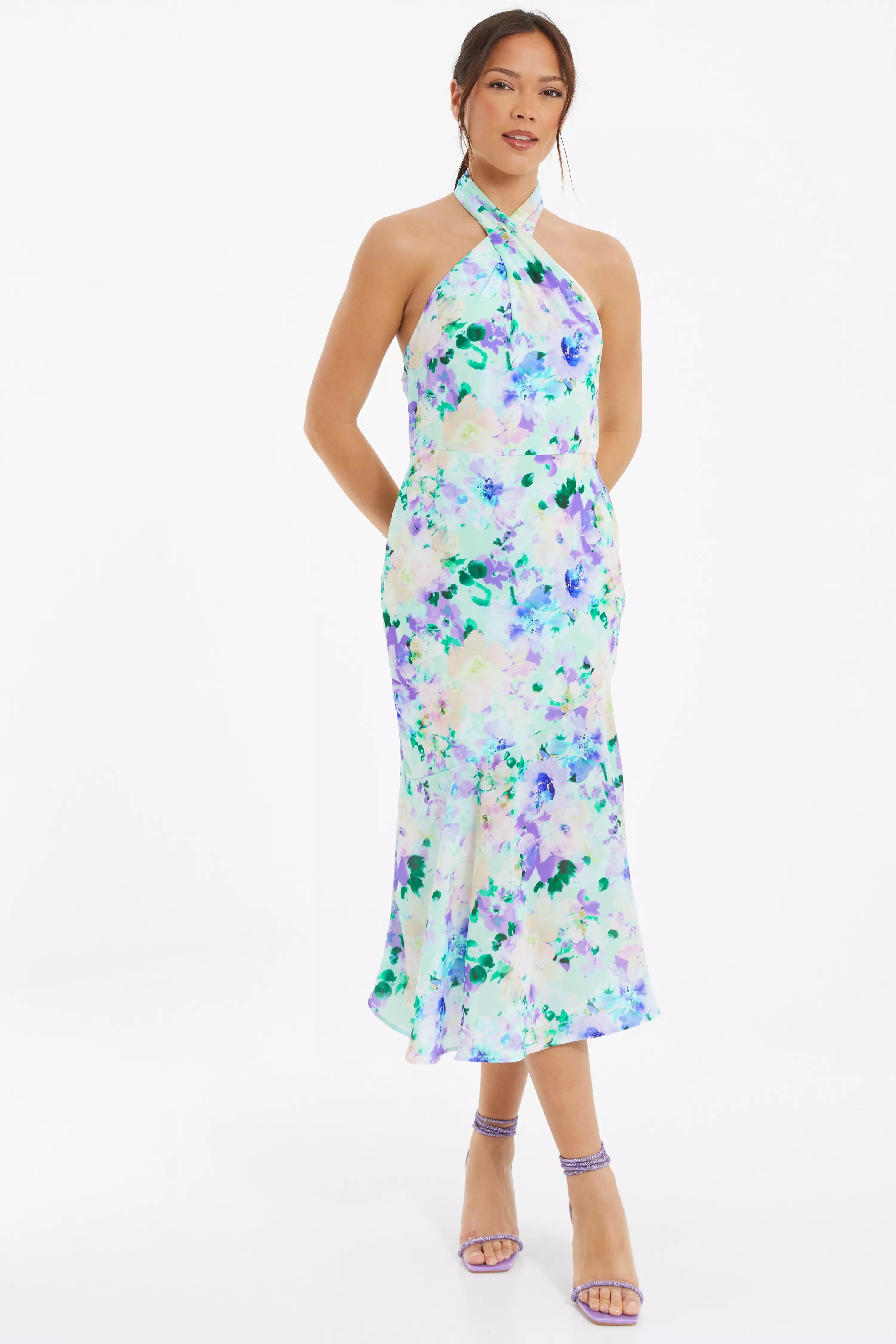 Multicoloured Floral Halter Neck Midi Dress