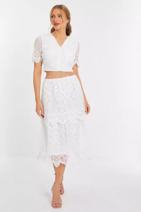 White Crochet Lace Tiered Midi Skirt