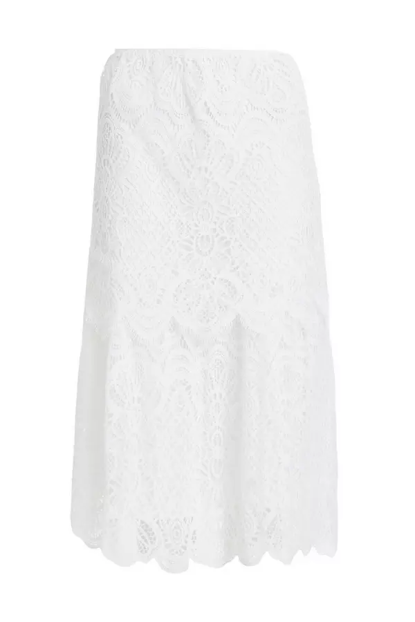 White Crochet Lace Tiered Midi Skirt