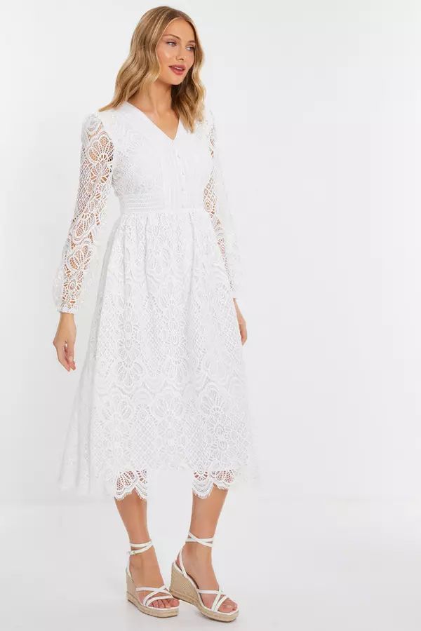 White Crochet Lace Long Sleeve Midi Dress