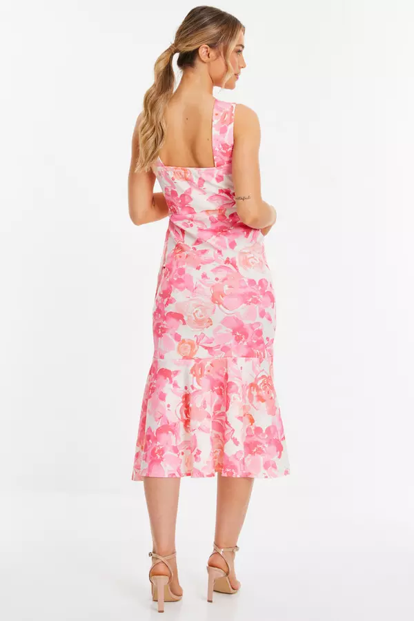 Pink Floral Print Frill Halter Neck Midi Dress