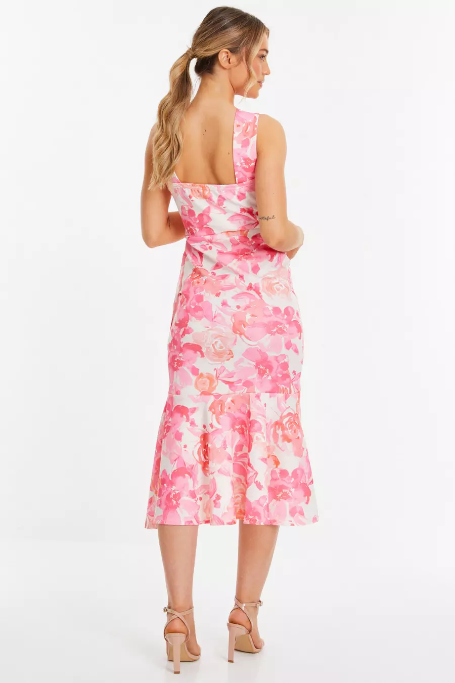 Pink Floral Print Frill Halter Neck Midi Dress QUIZ Clothing