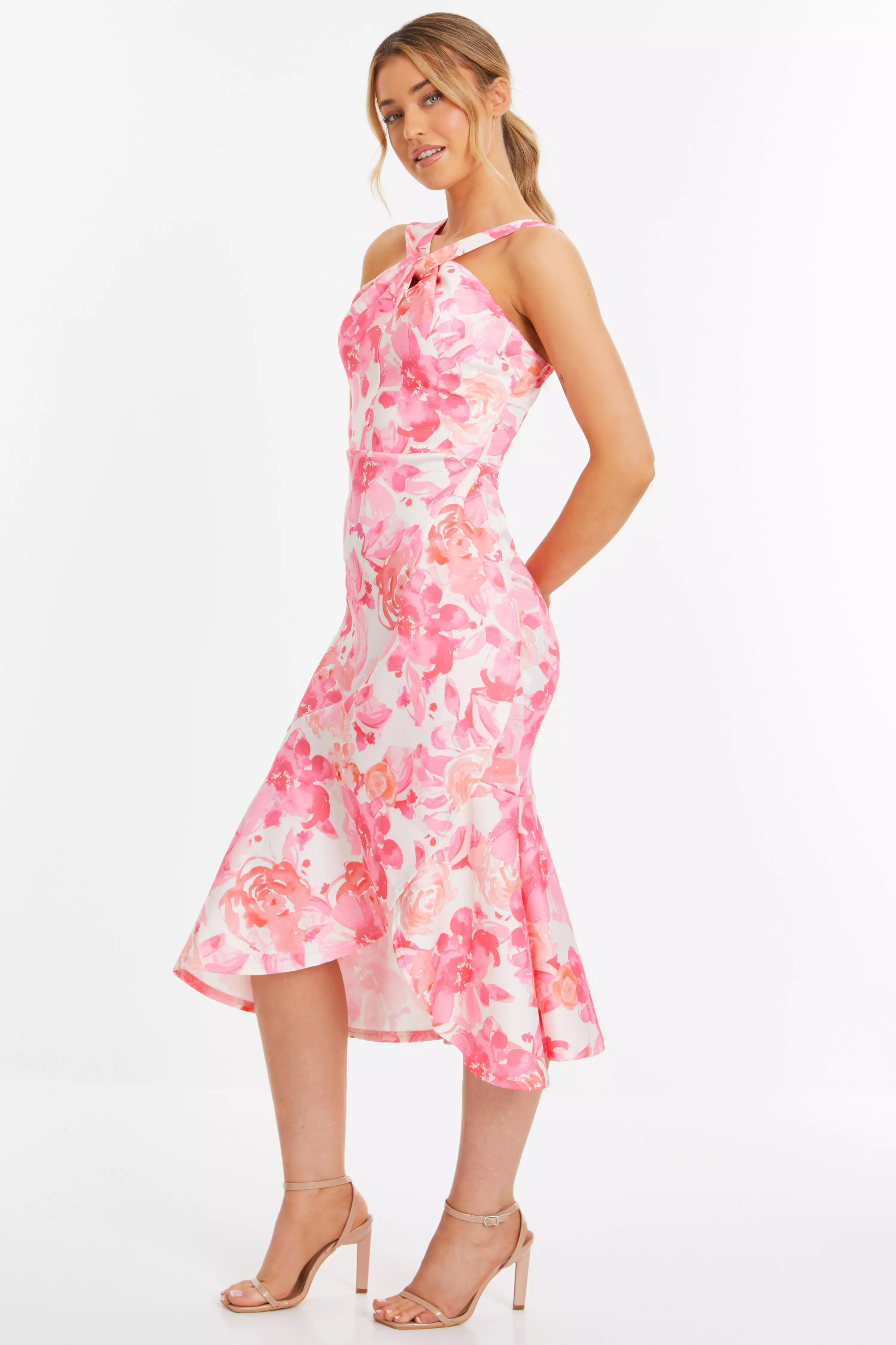 Pink Floral Print Frill Halter Neck Midi Dress