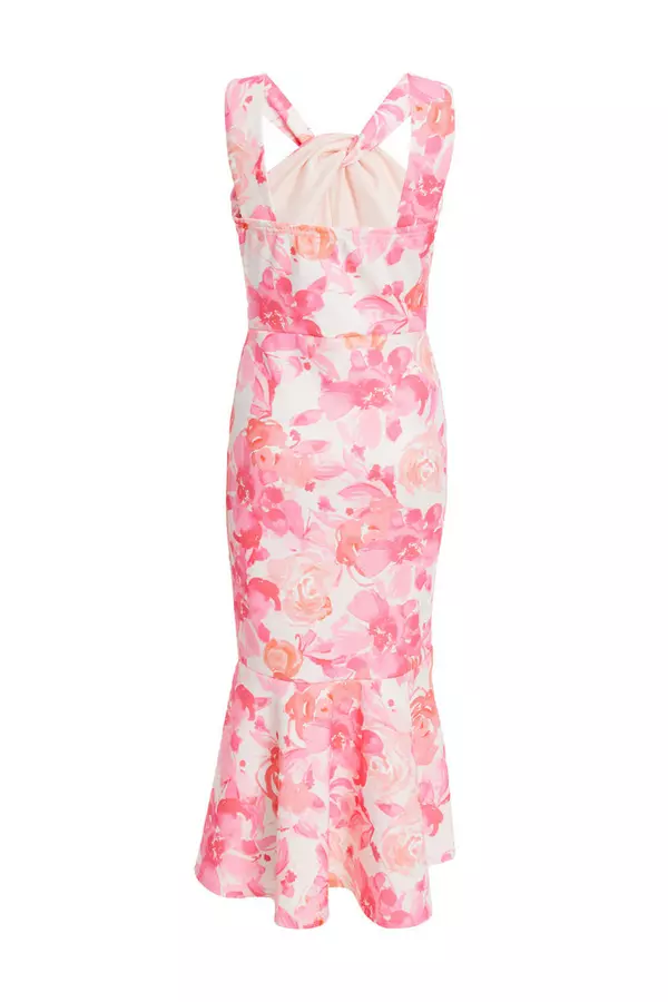 Pink Floral Print Frill Halter Neck Midi Dress