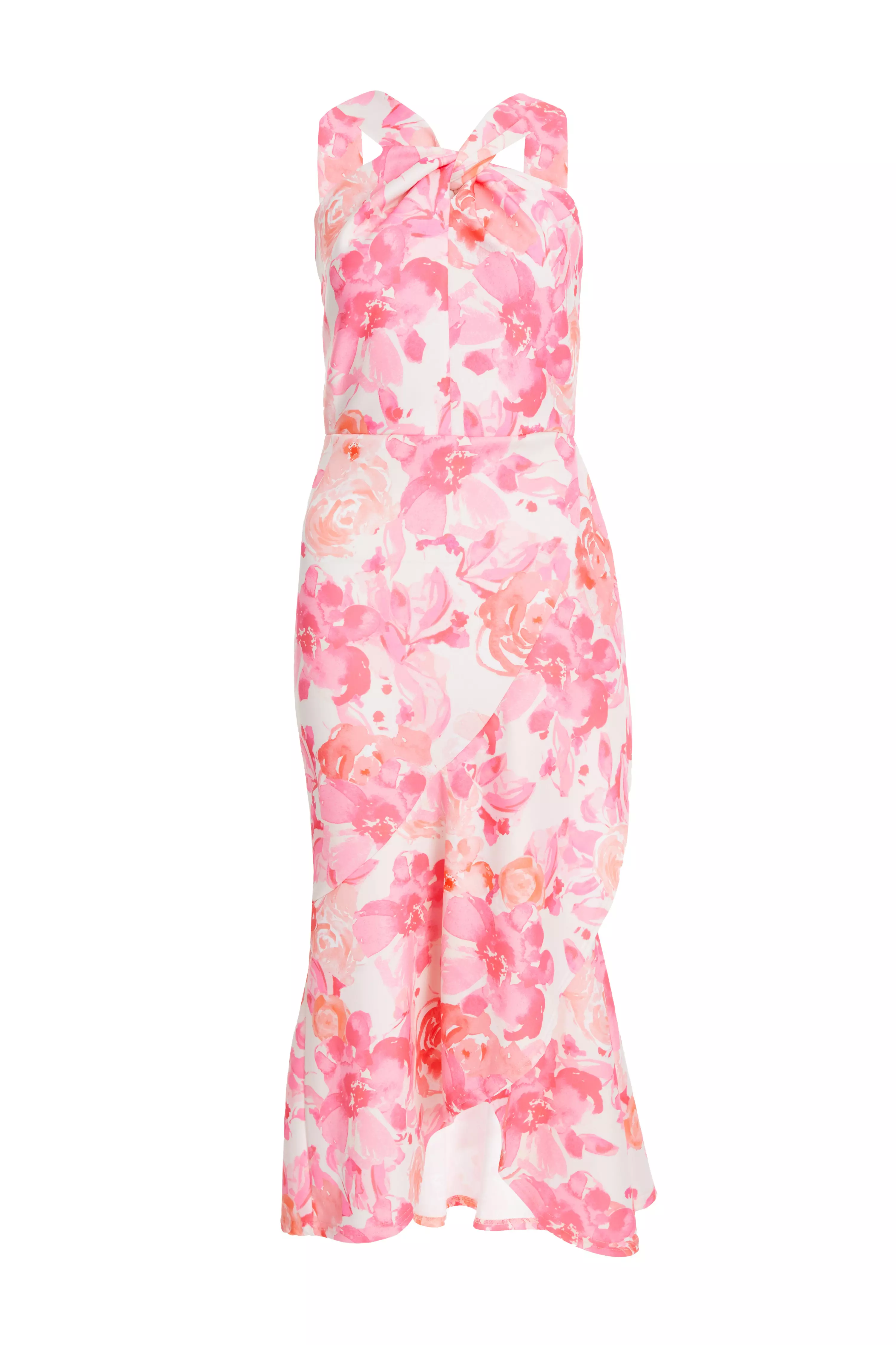 Pink Floral Print Frill Halter Neck Midi Dress