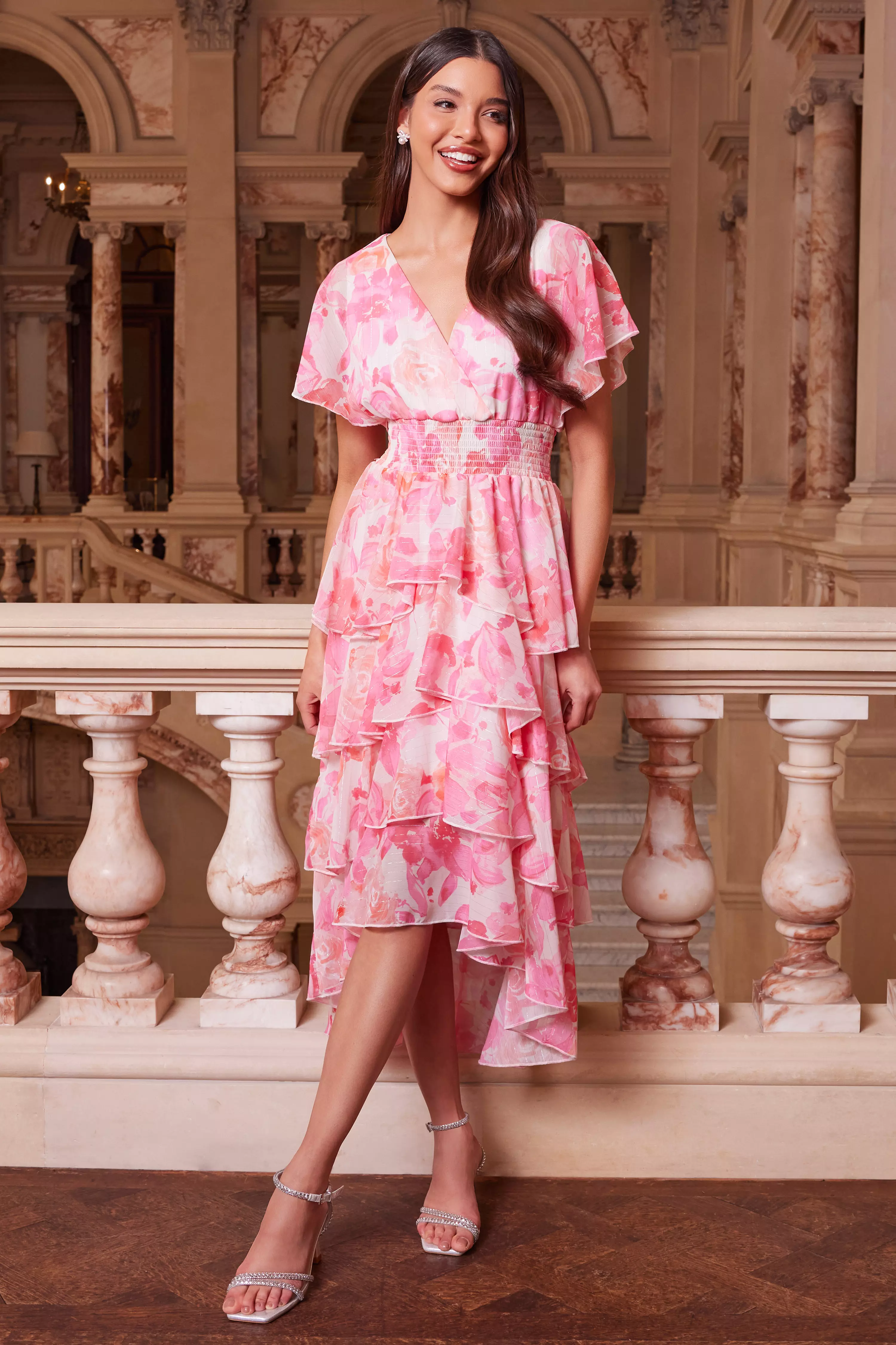 Pink Floral Print Chiffon Tiered Dip Hem Dress 
