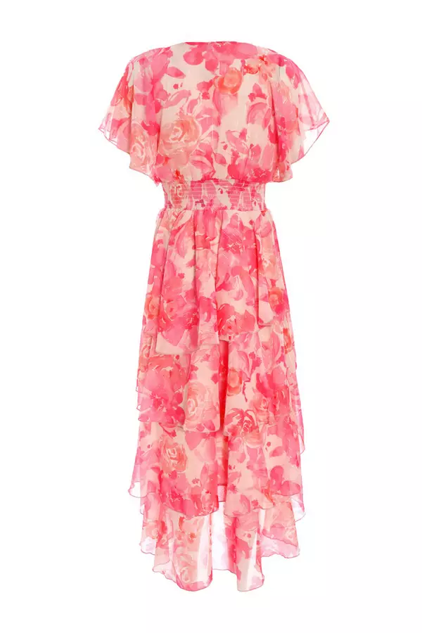 Pink Floral Print Chiffon Tiered Dip Hem Dress 