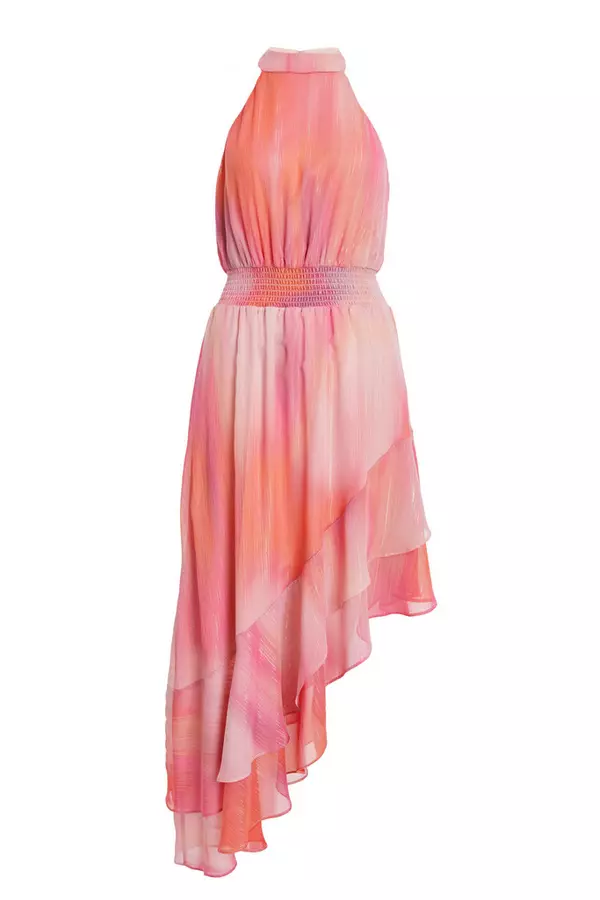 Pink Ombre Chiffon Frill Hem Midi Dress