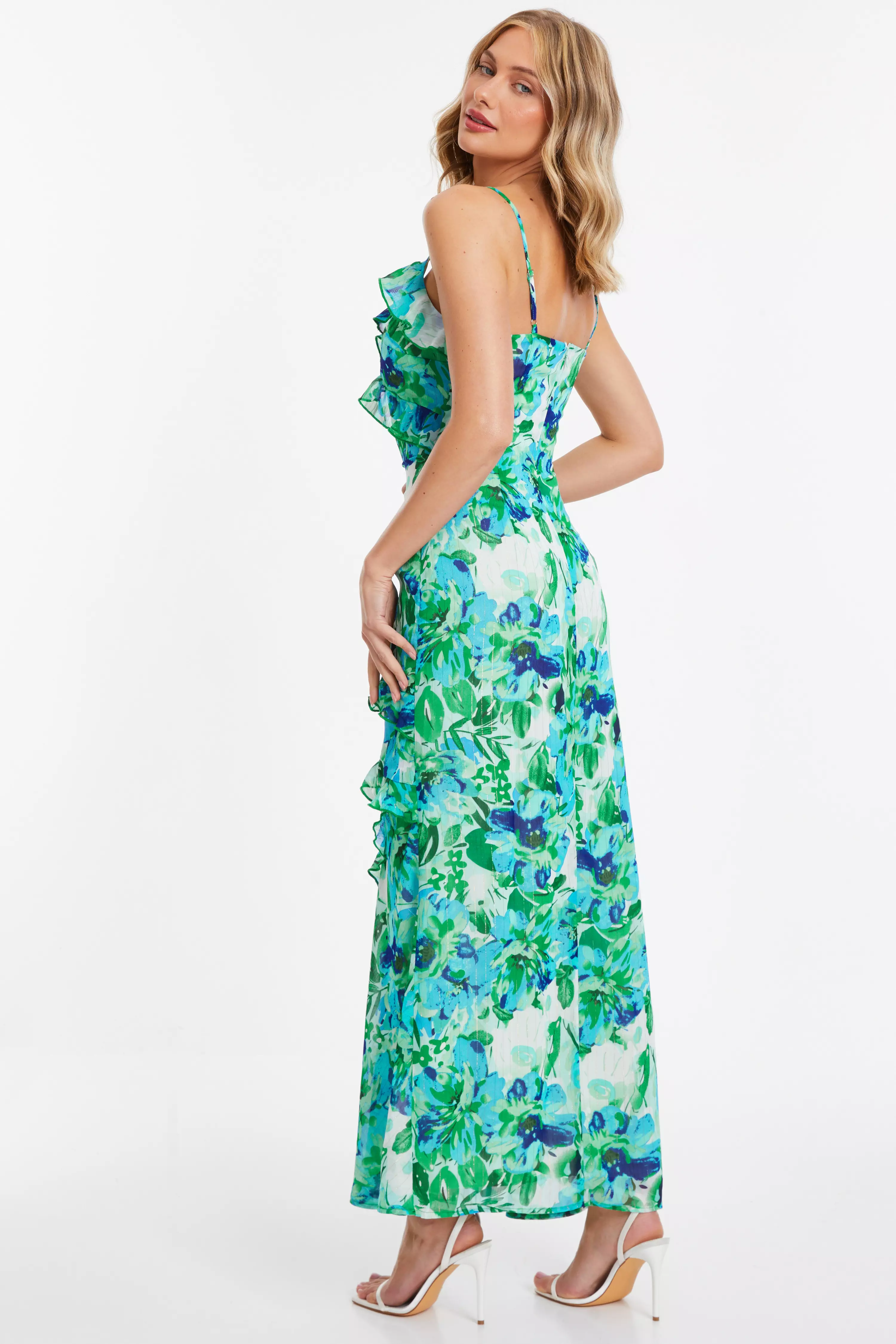 Green Floral Chiffon Frill Maxi Dress