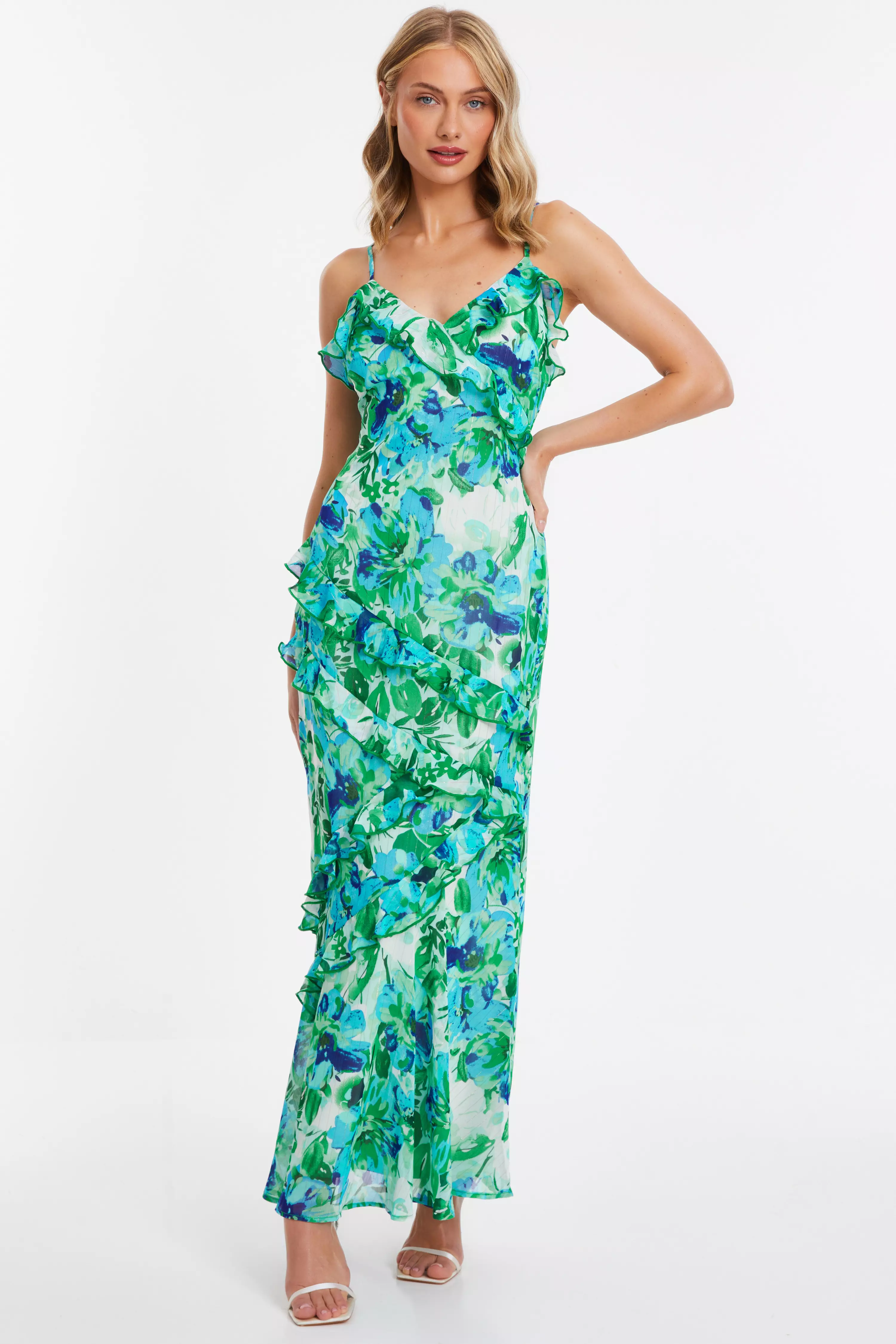 Green Floral Chiffon Frill Maxi Dress