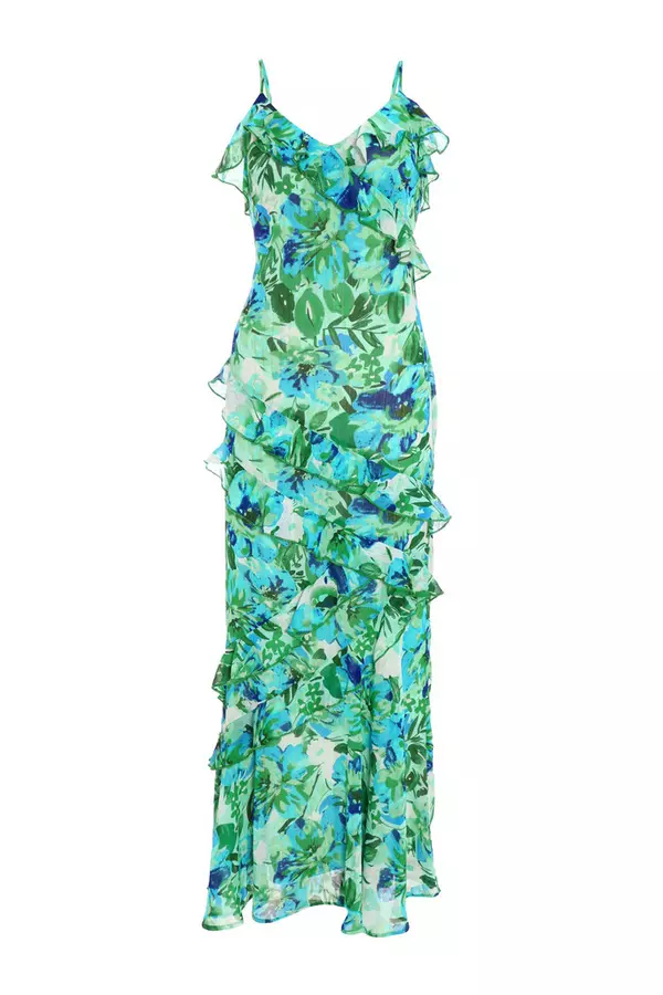 Green Floral Chiffon Frill Maxi Dress