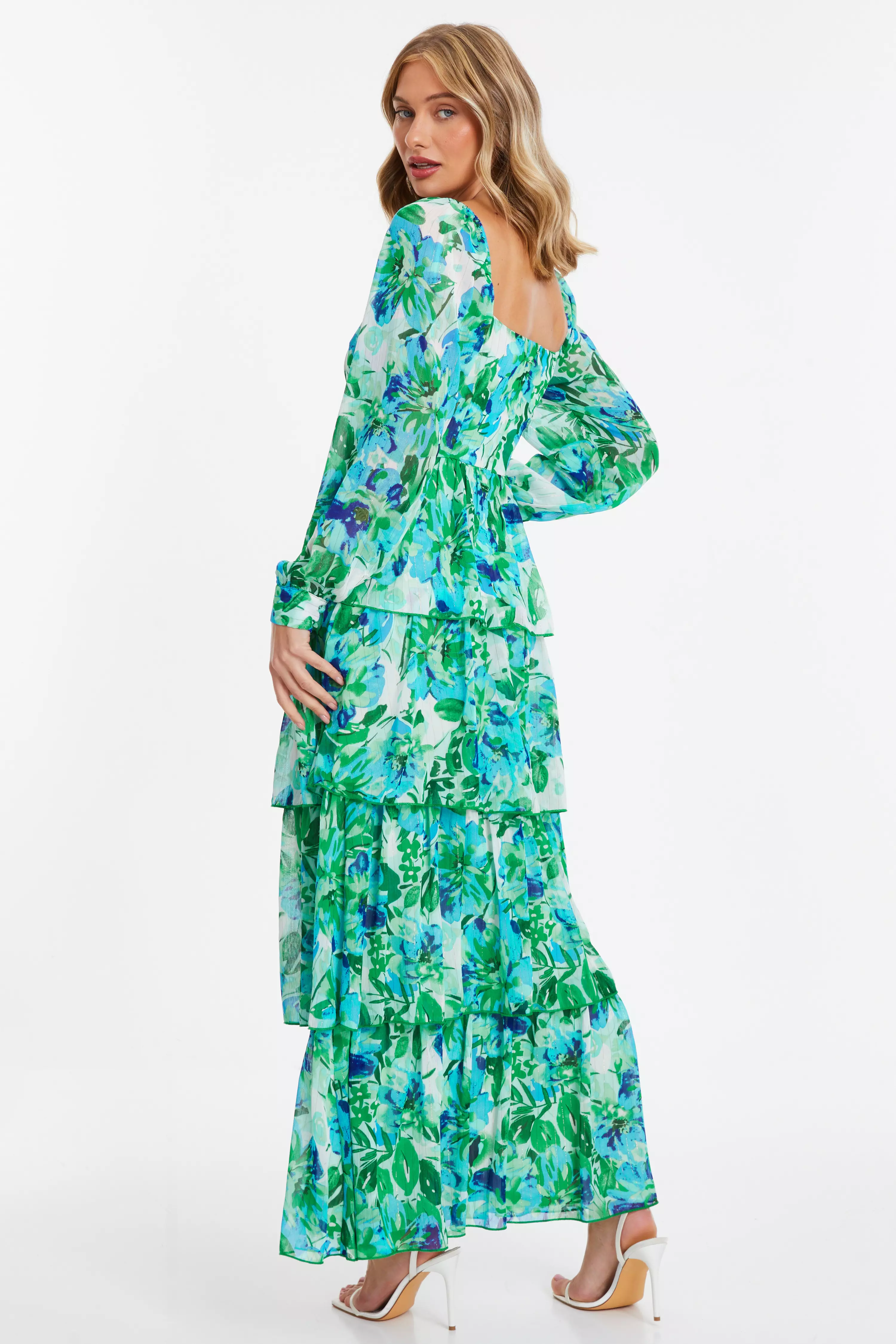 Green Floral Chiffon Tiered Maxi Dress