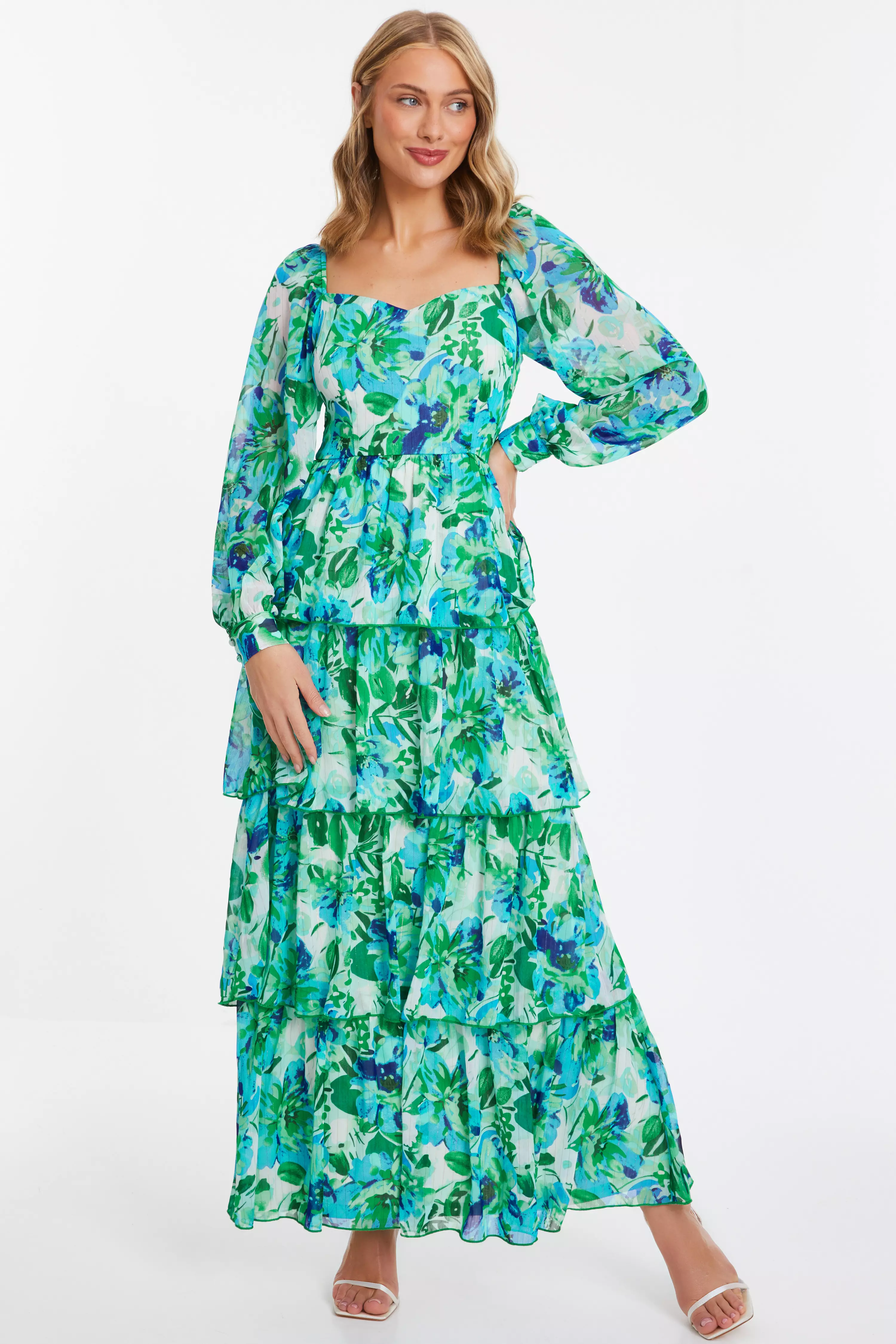 Green Floral Chiffon Tiered Maxi Dress