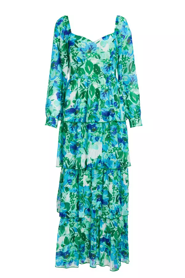 Green Floral Chiffon Tiered Maxi Dress