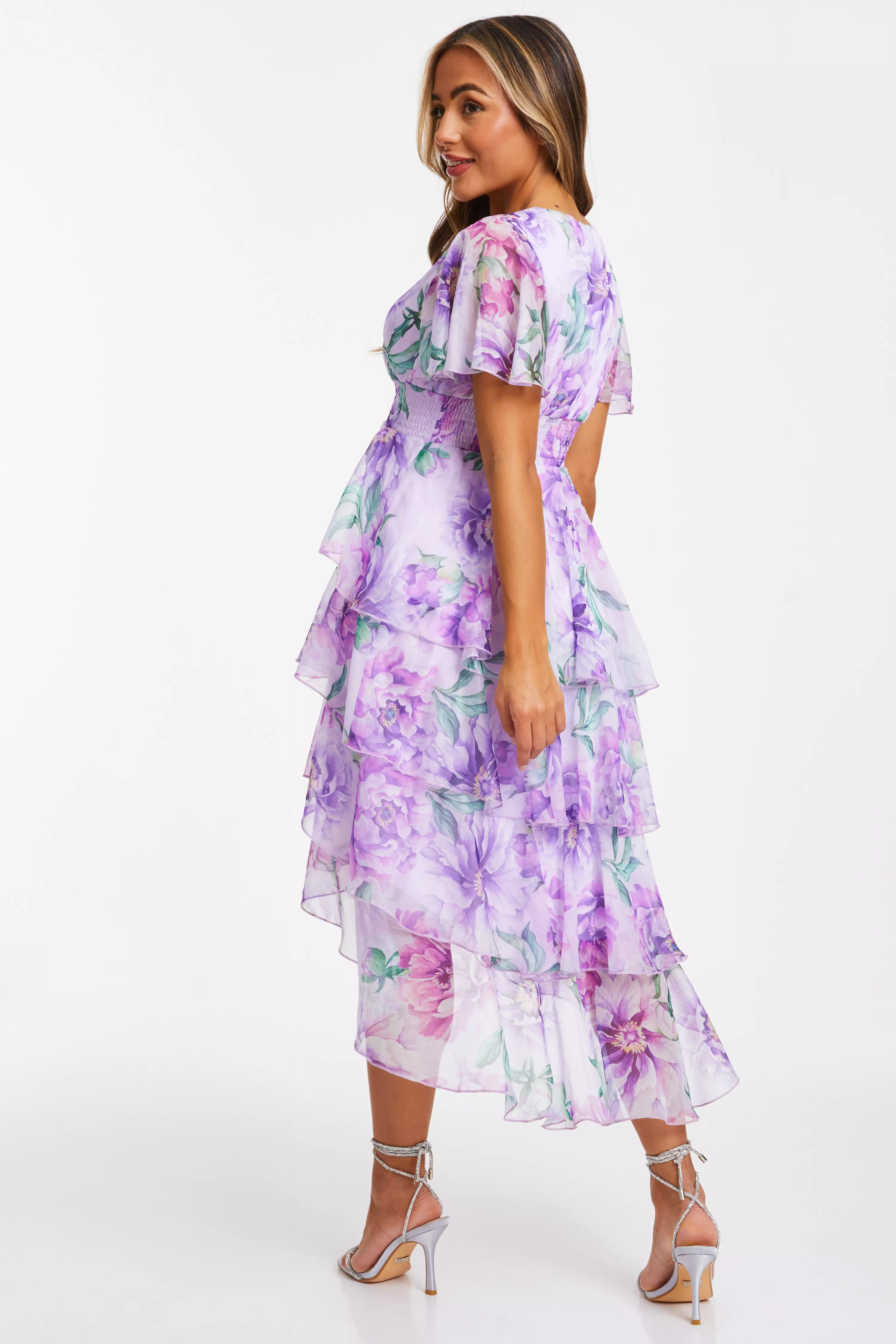 Petite Lilac Chiffon Frill Dip Hem Dress
