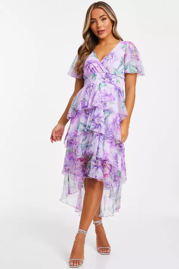 Petite Lilac Chiffon Frill Dip Hem Dress