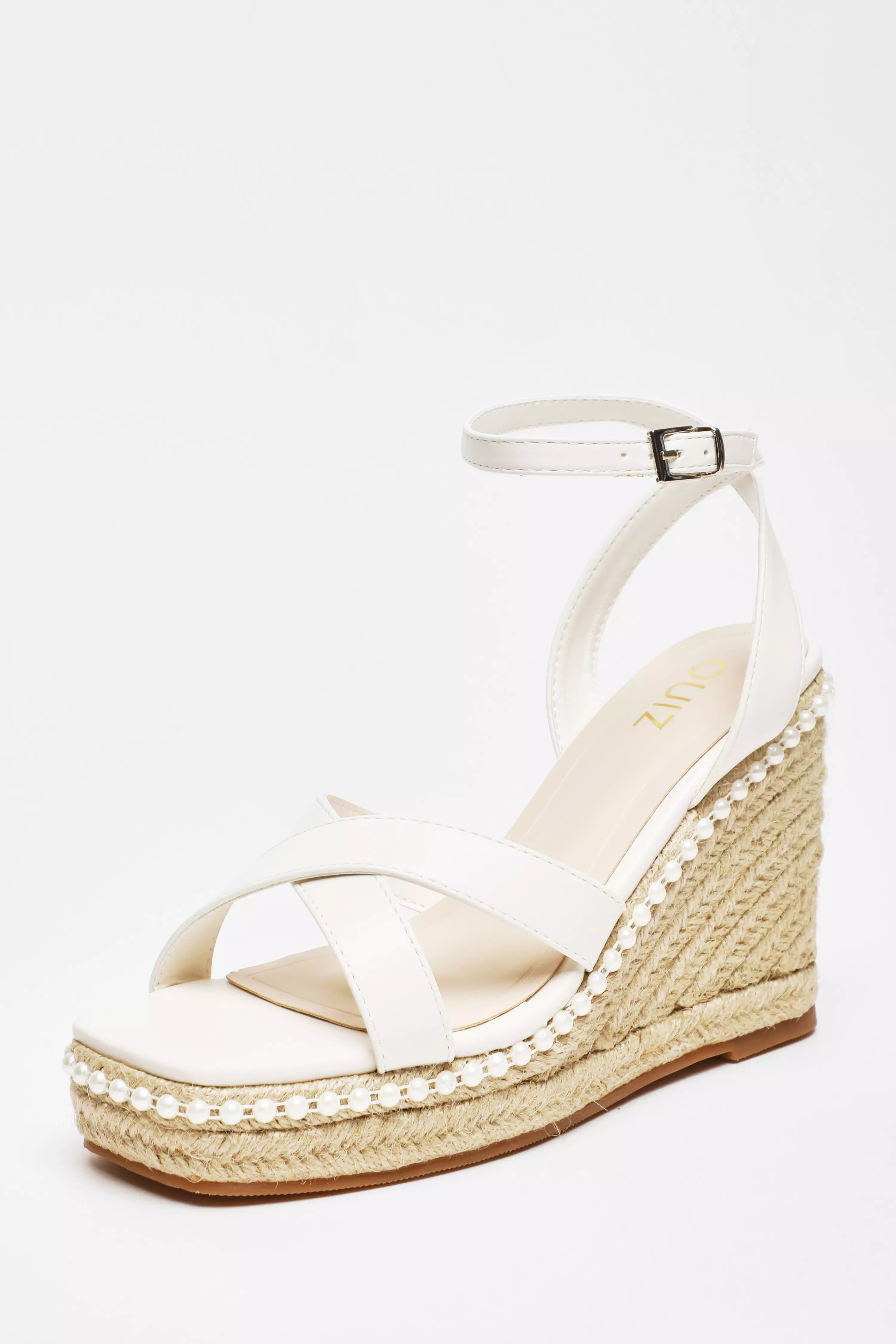 Bridal White Cross strap Pearl Wedges