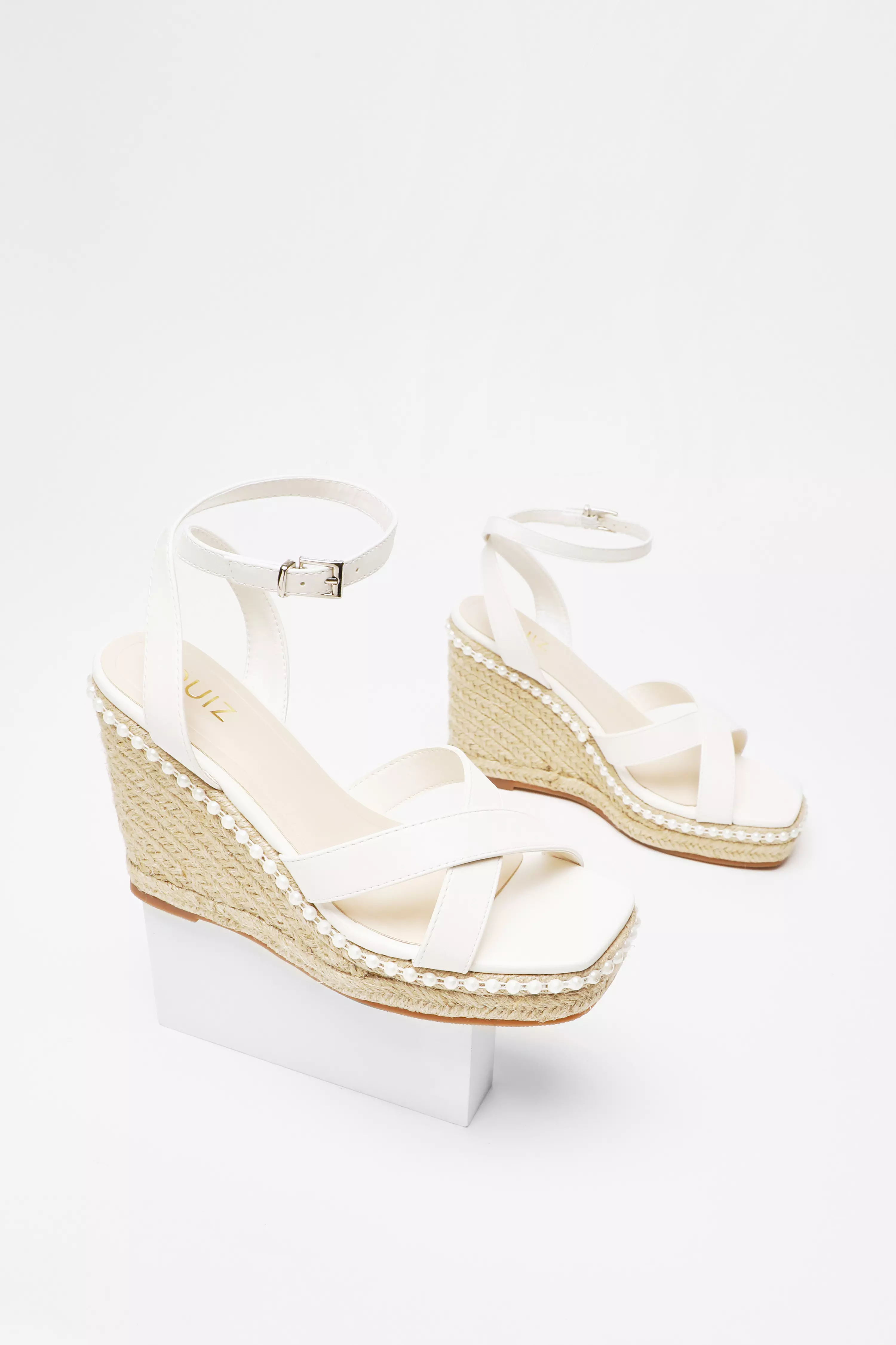 Bridal White Cross strap Pearl Wedges