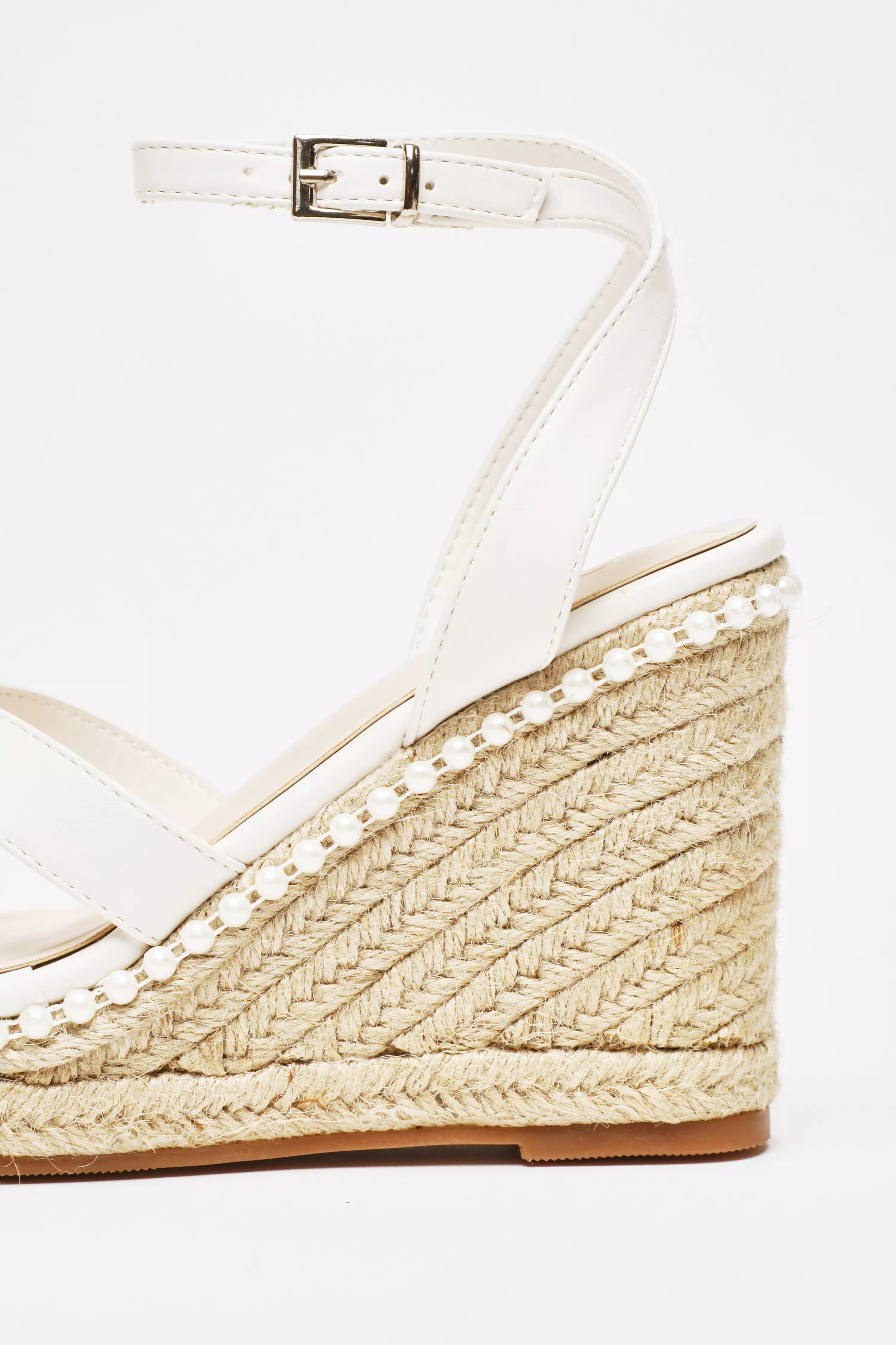 Bridal White Cross strap Pearl Wedges