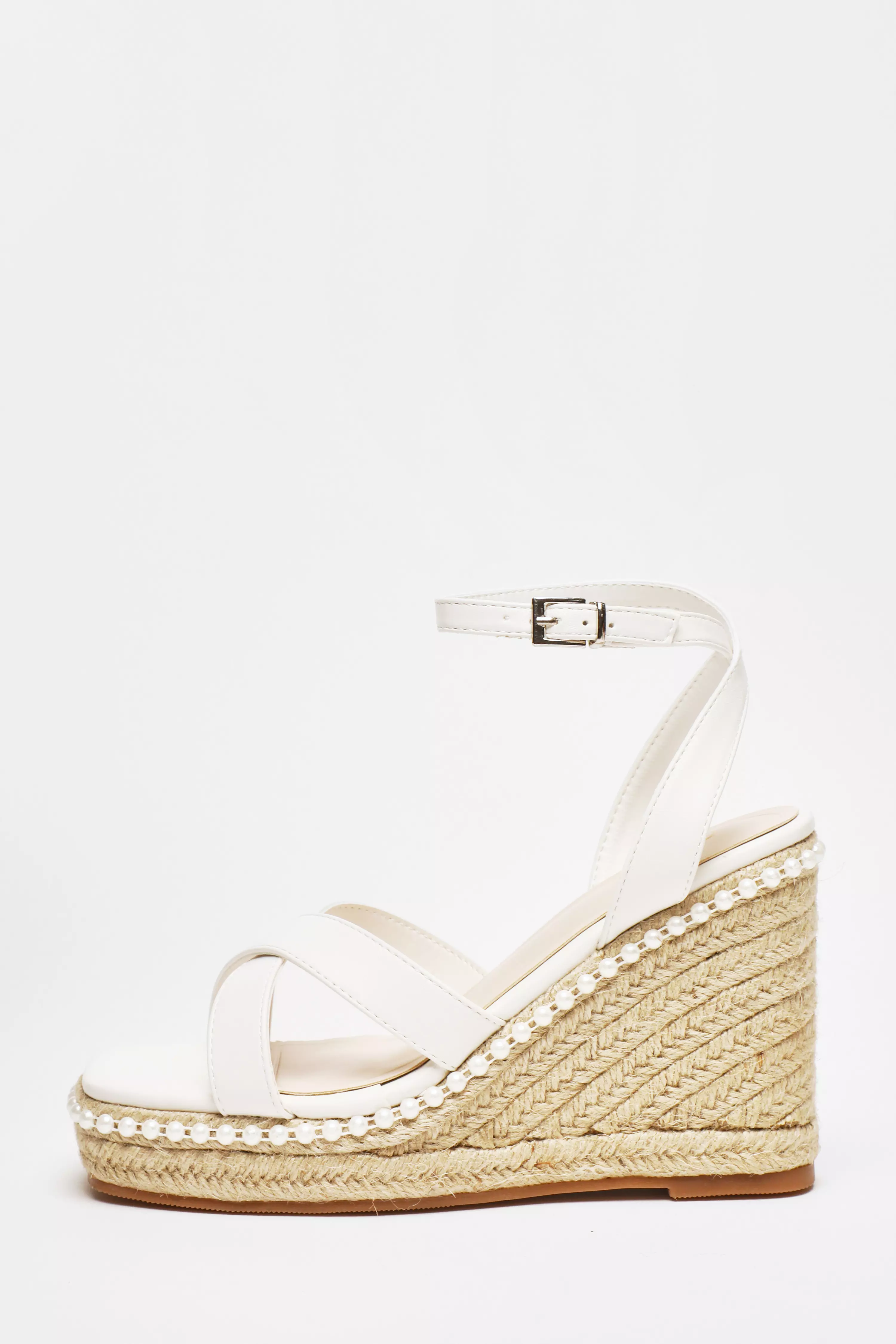 Bridal White Cross strap Pearl Wedges