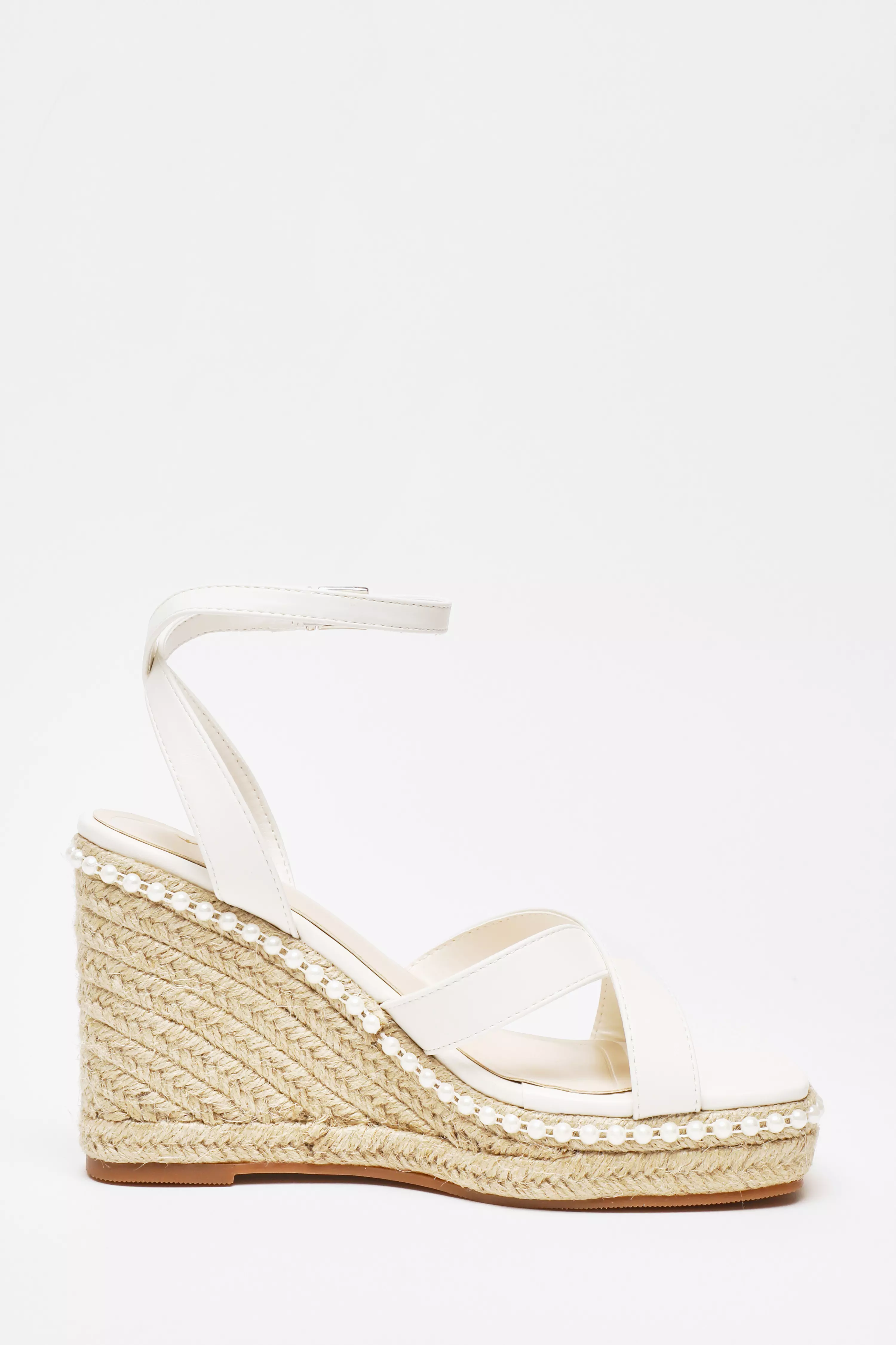 Bridal White Cross strap Pearl Wedges