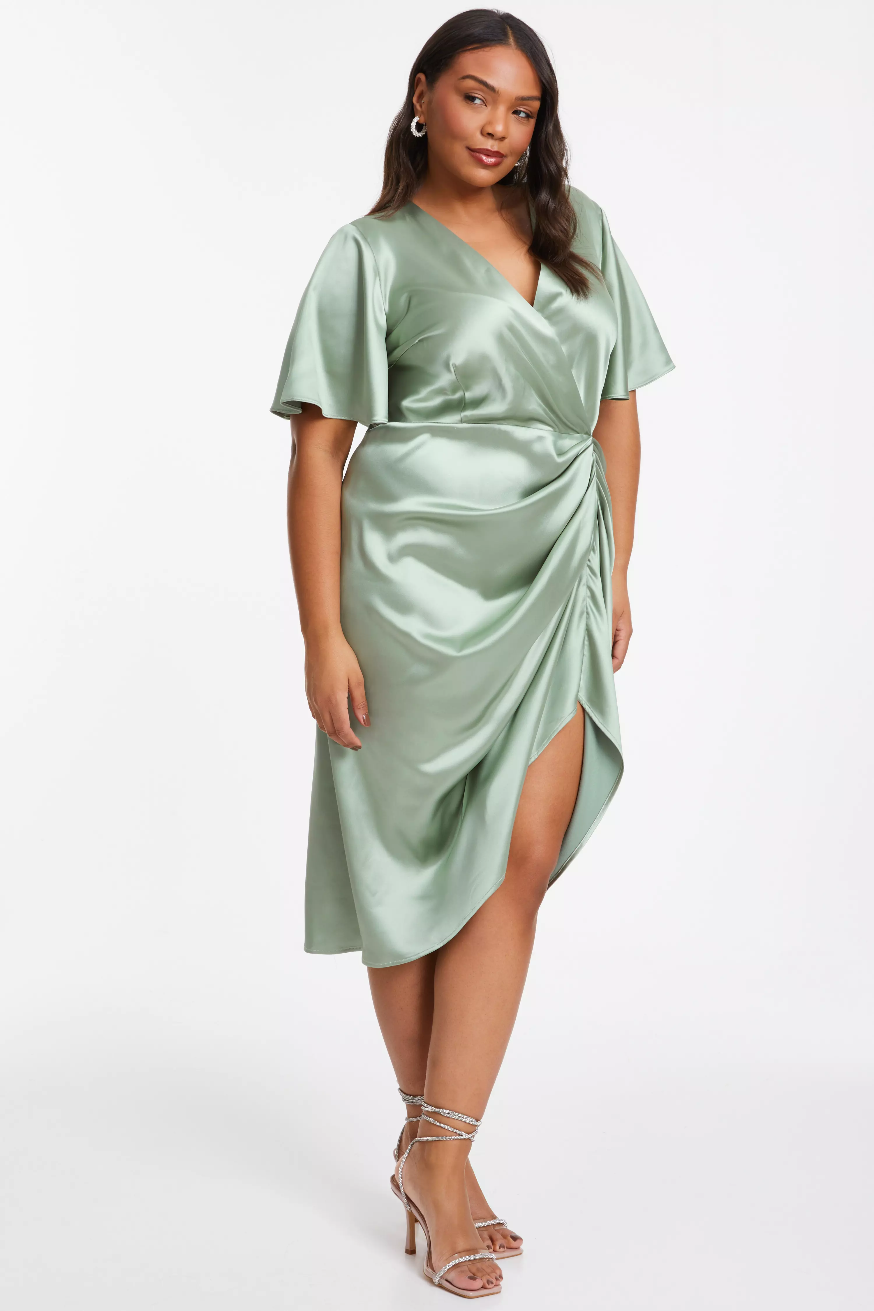 Curve Sage Satin Ruched Wrap Midi Dress