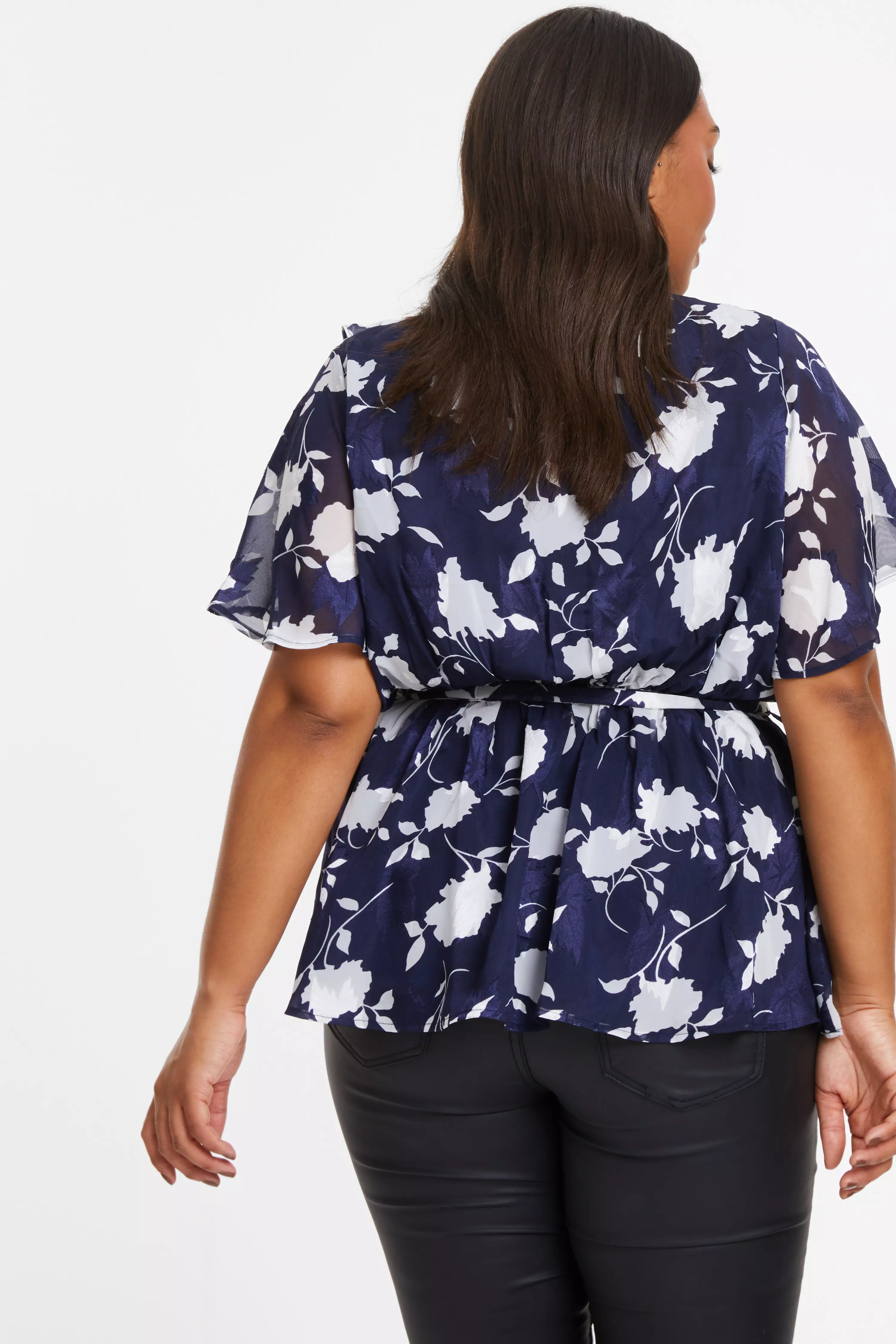 Curve Navy Floral Wrap Frill Peplum Top