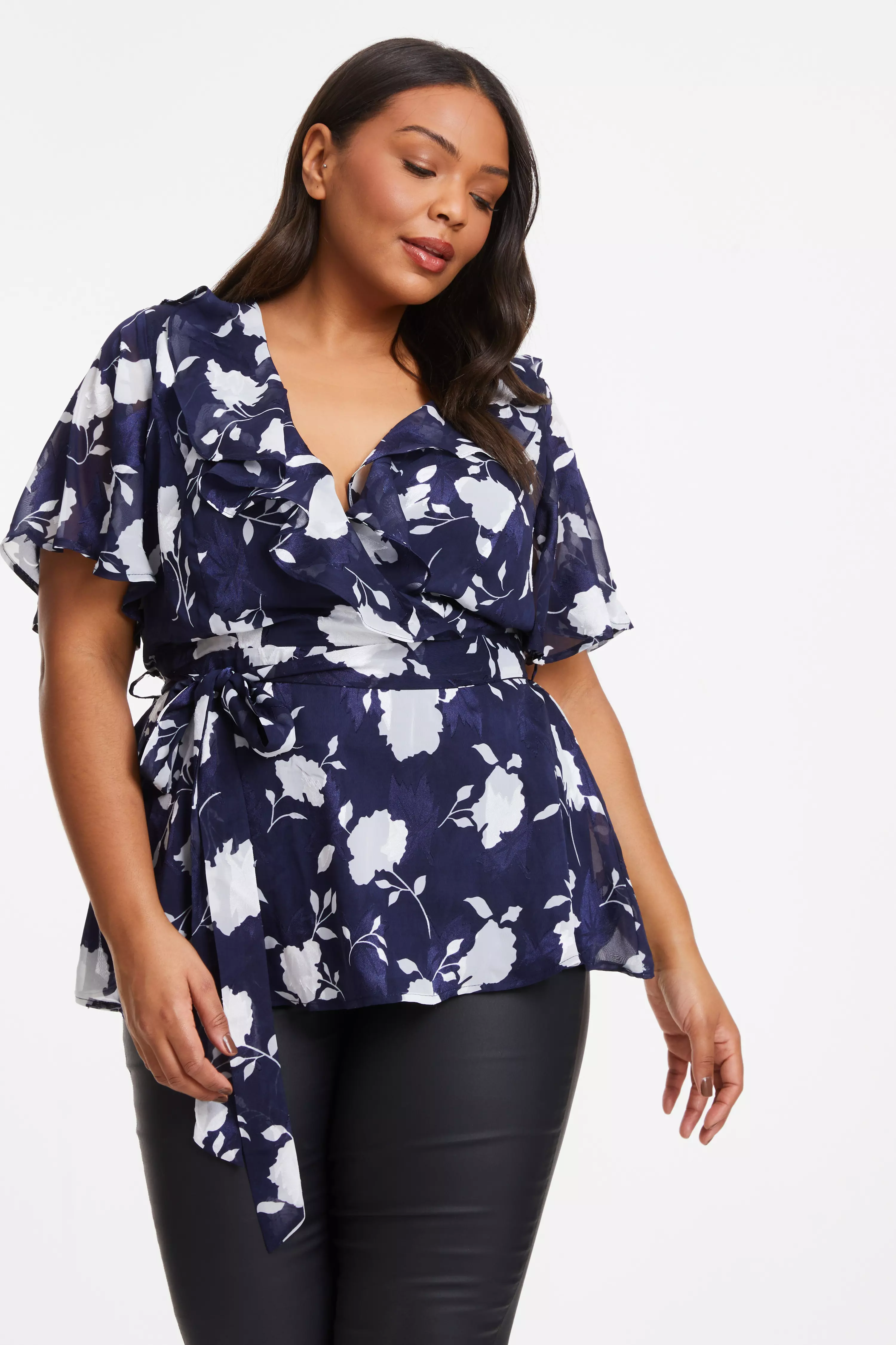 Curve Navy Floral Wrap Frill Peplum Top