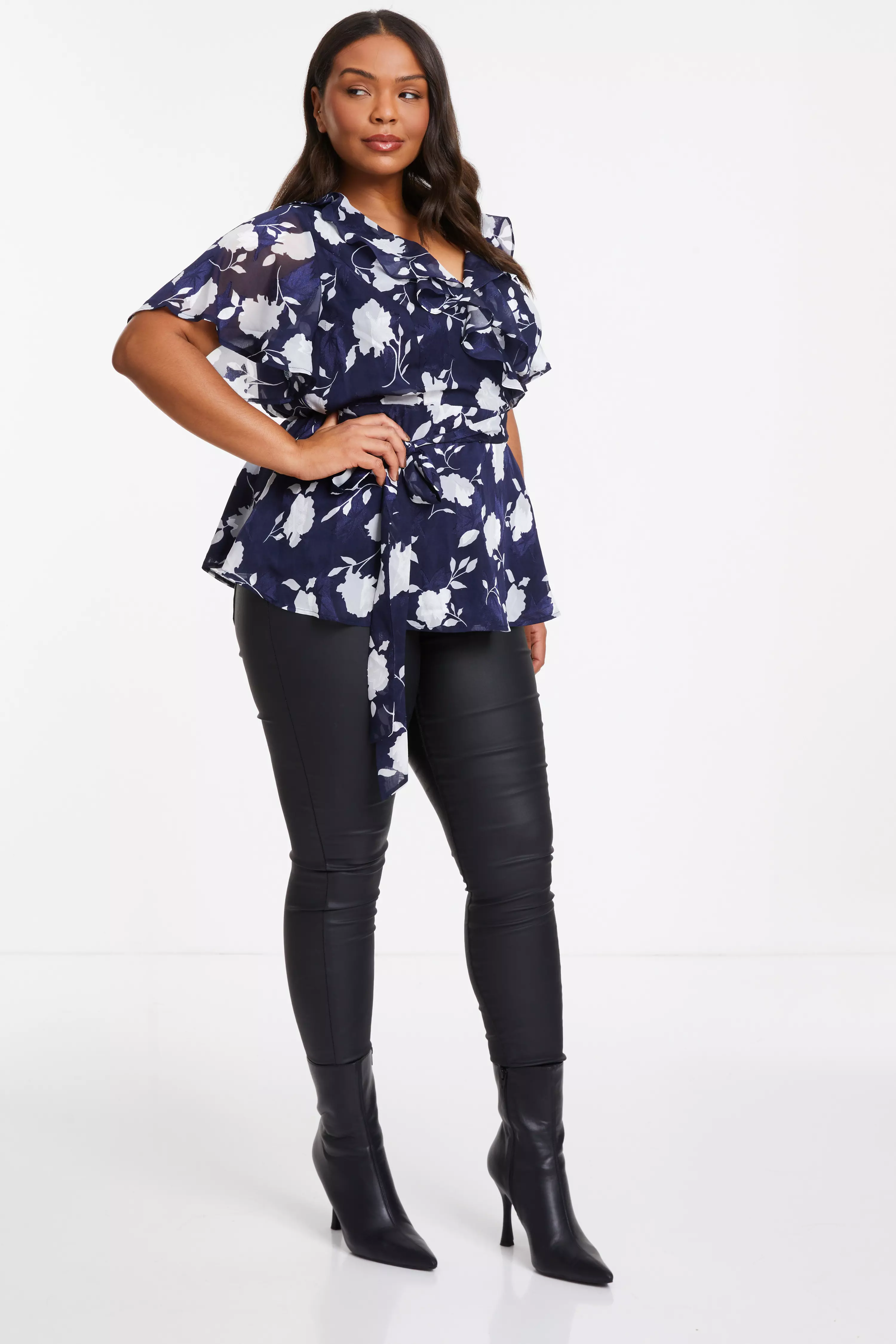 Curve Navy Floral Wrap Frill Peplum Top