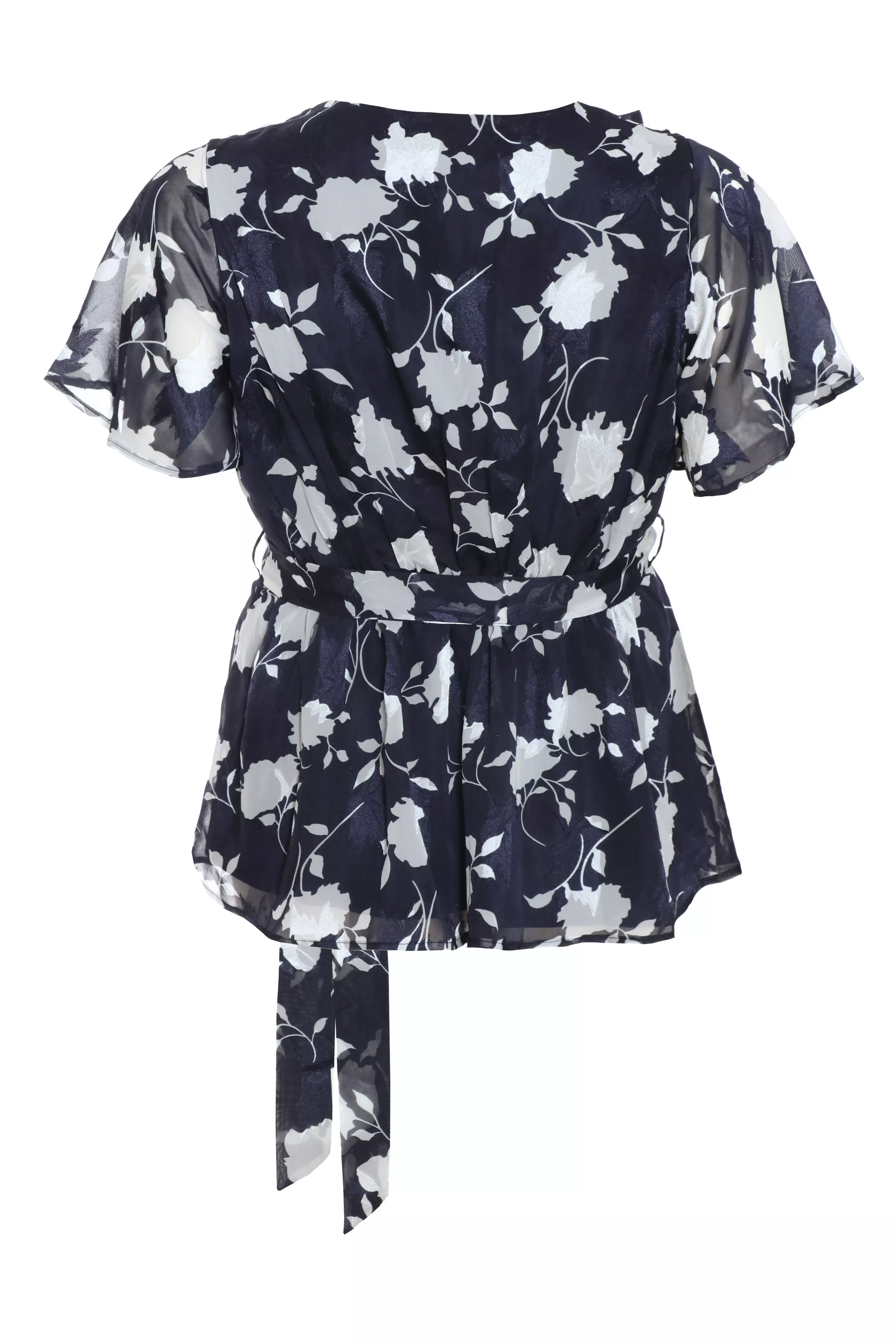 Curve Navy Floral Wrap Frill Peplum Top