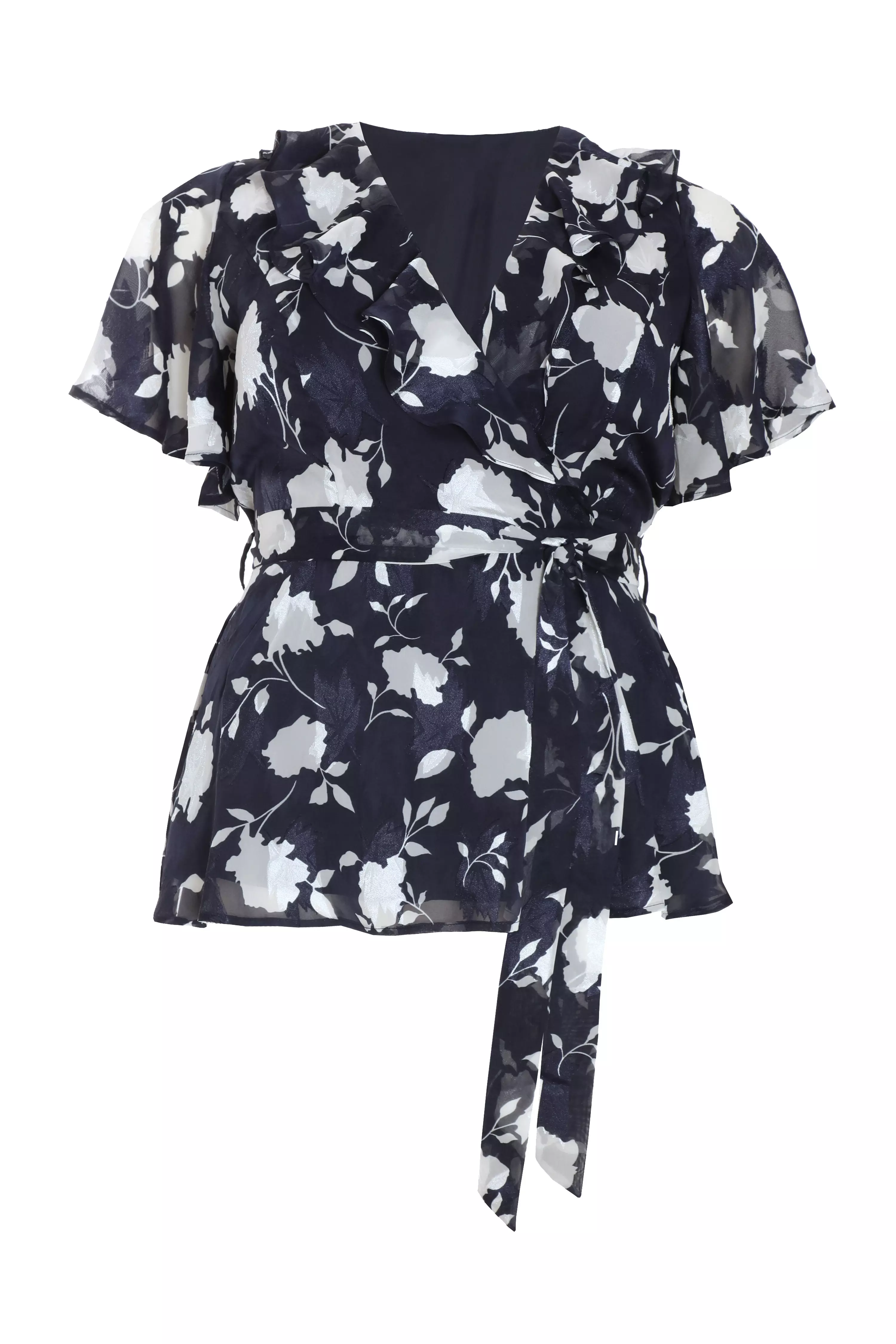 Curve Navy Floral Wrap Frill Peplum Top