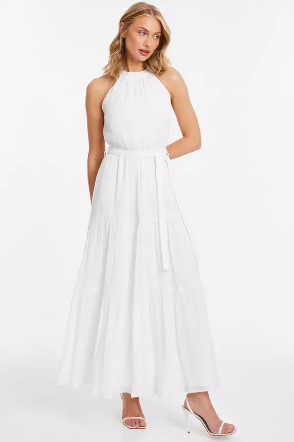 White Textured High Neck Maxi Dress