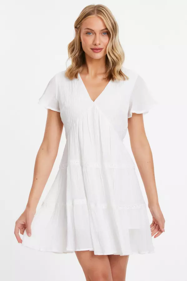 White V Neck Frill Sleeve Mini Dress