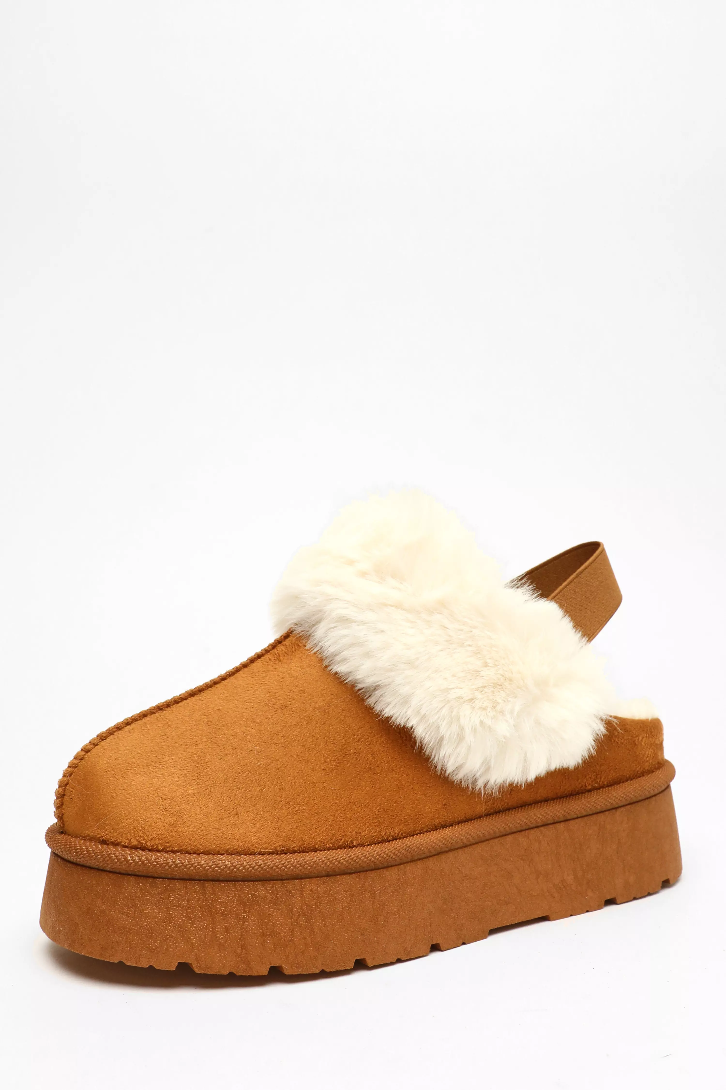 Tan Faux Suede Platform Slippers