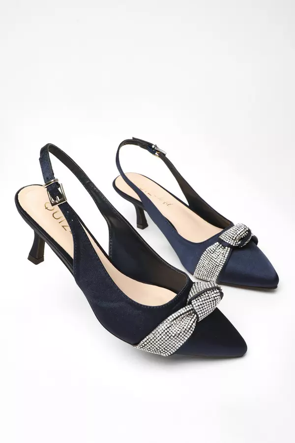 Wide Fit Navy Diamante Knot Sling Back Low Heels