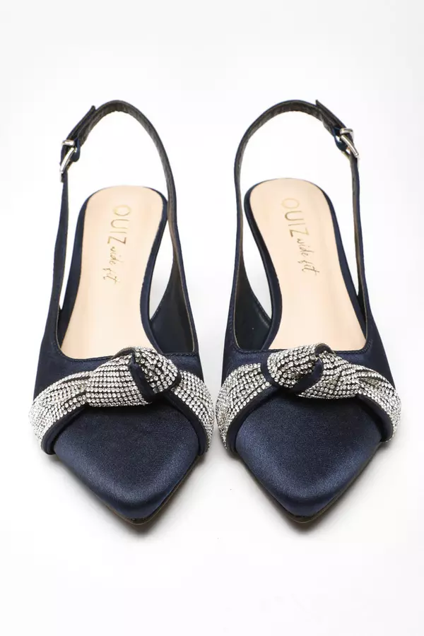 Wide Fit Navy Diamante Knot Sling Back Low Heels