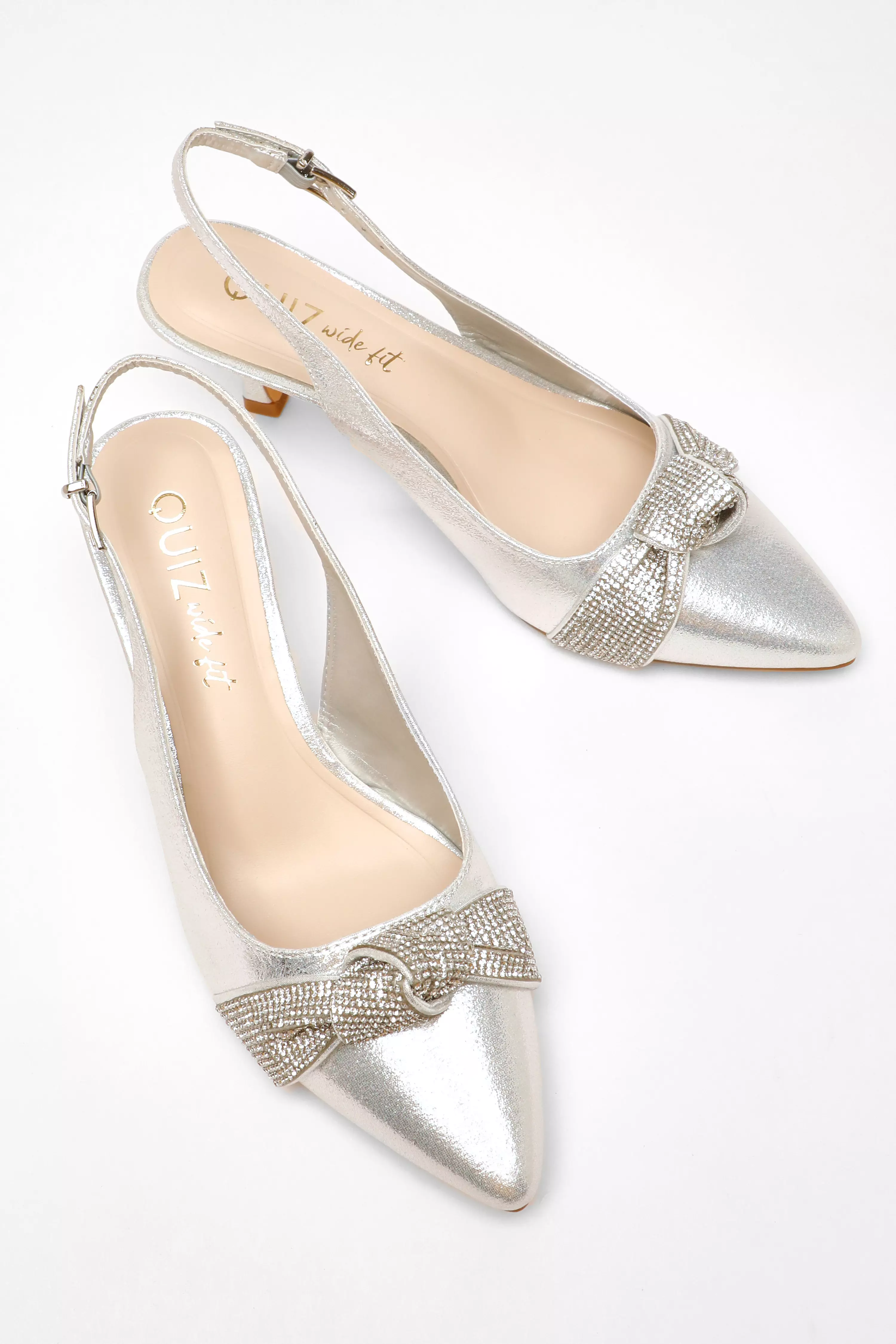 Wide Fit Silver Diamante Knot Sling Back Low Heels