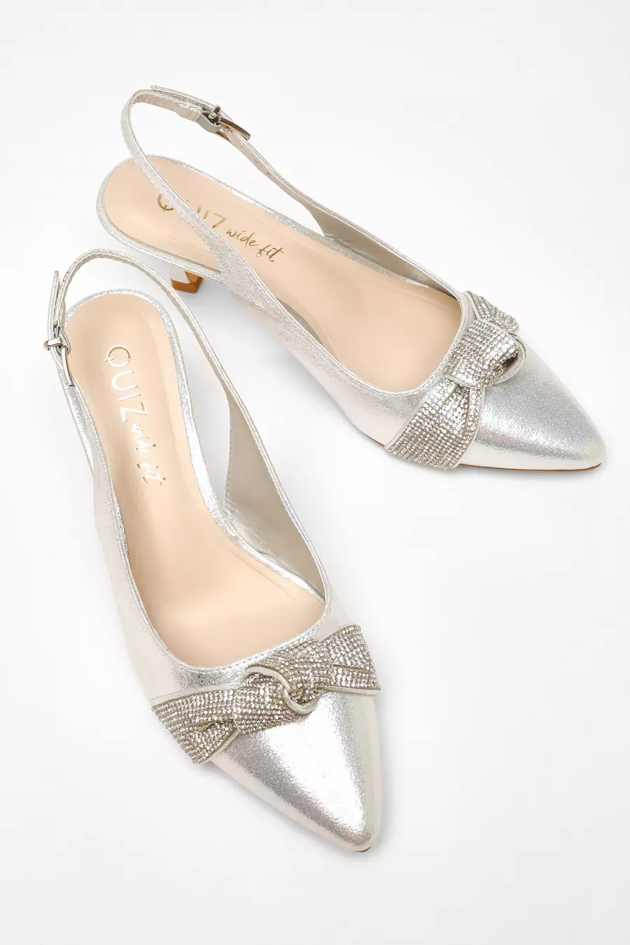 Wide Fit Silver Diamante Knot Sling Back Low Heels QUIZ Clothing