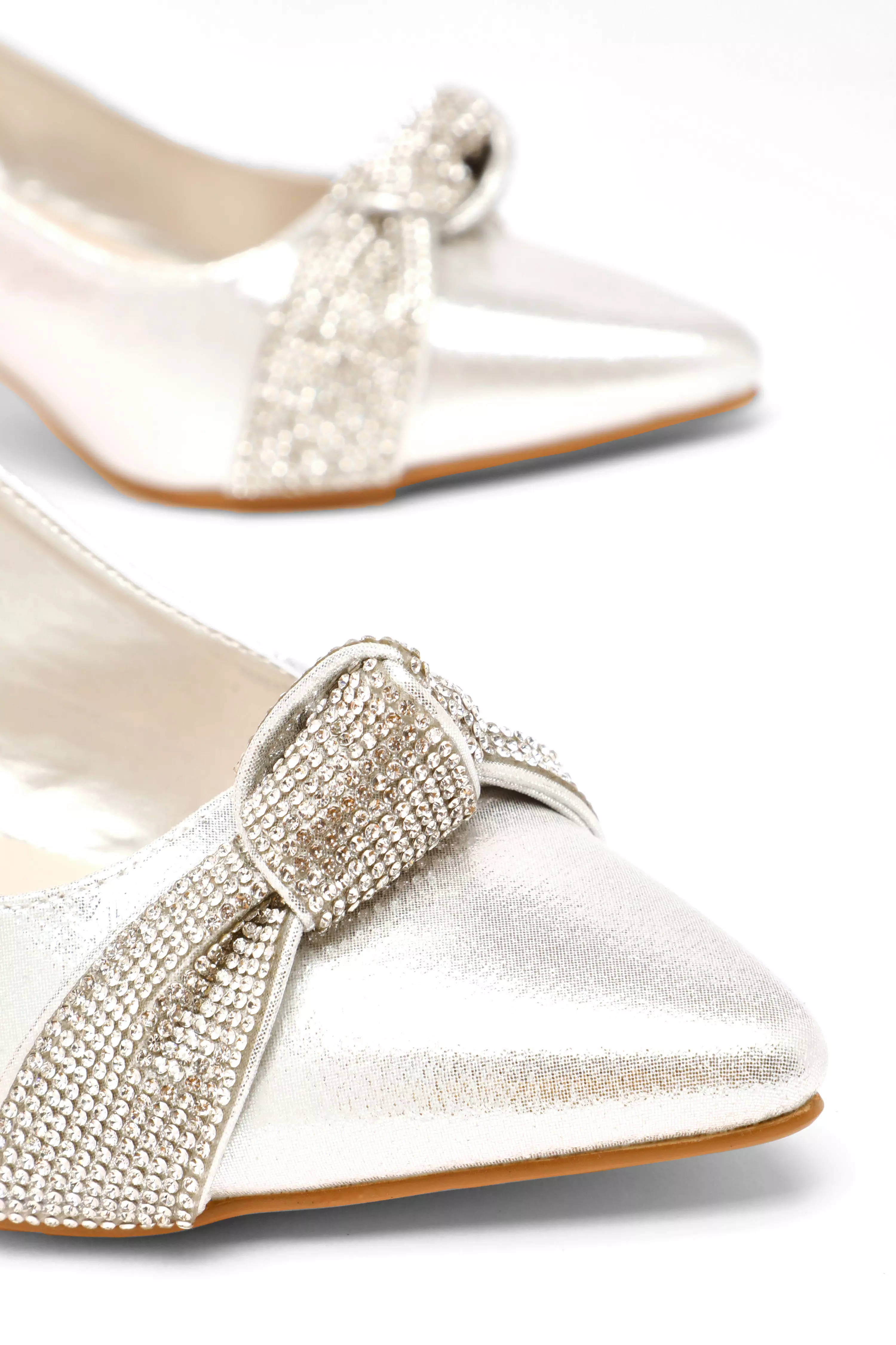 Wide Fit Silver Diamante Knot Sling Back Low Heels