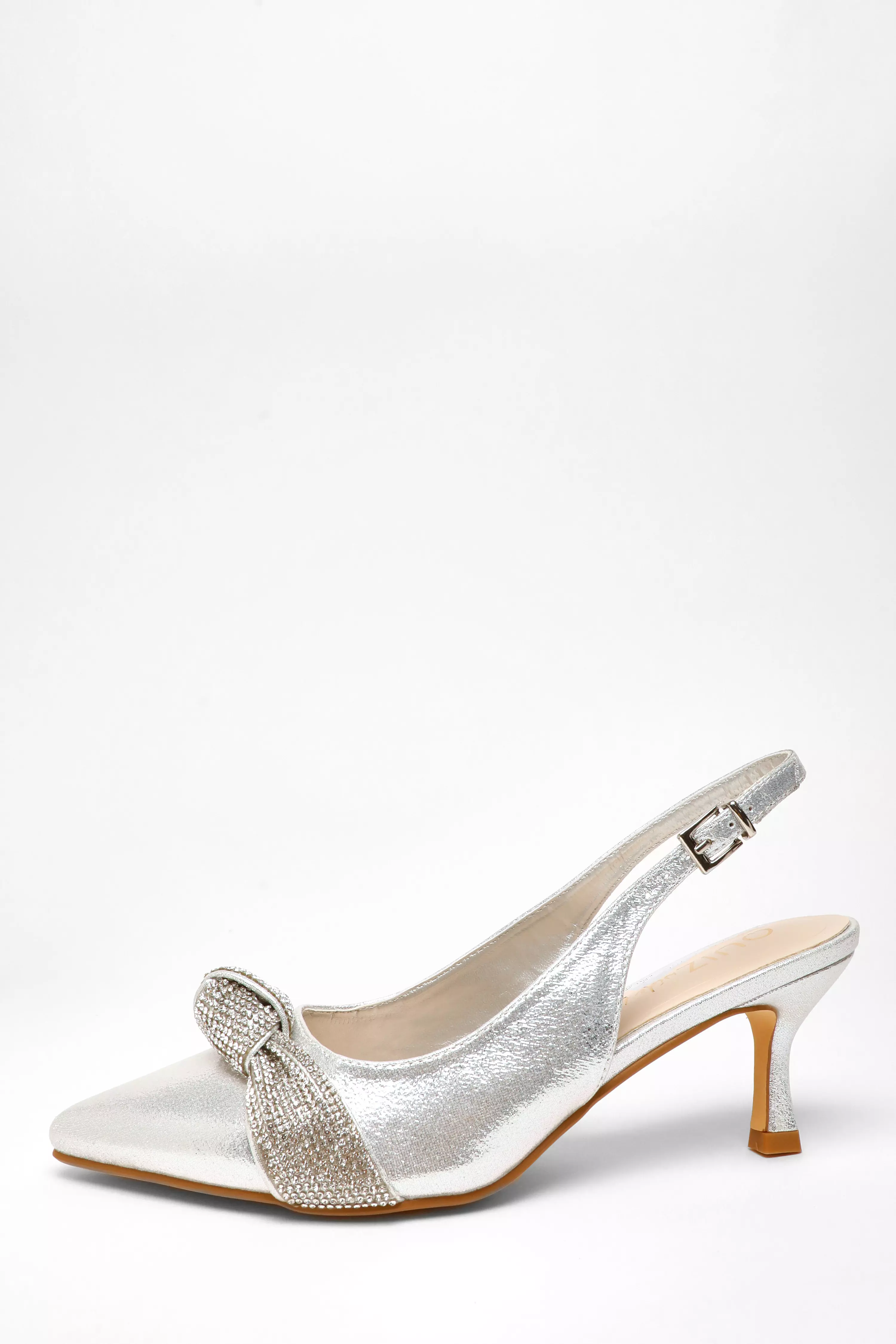 Wide Fit Silver Diamante Knot Sling Back Low Heels