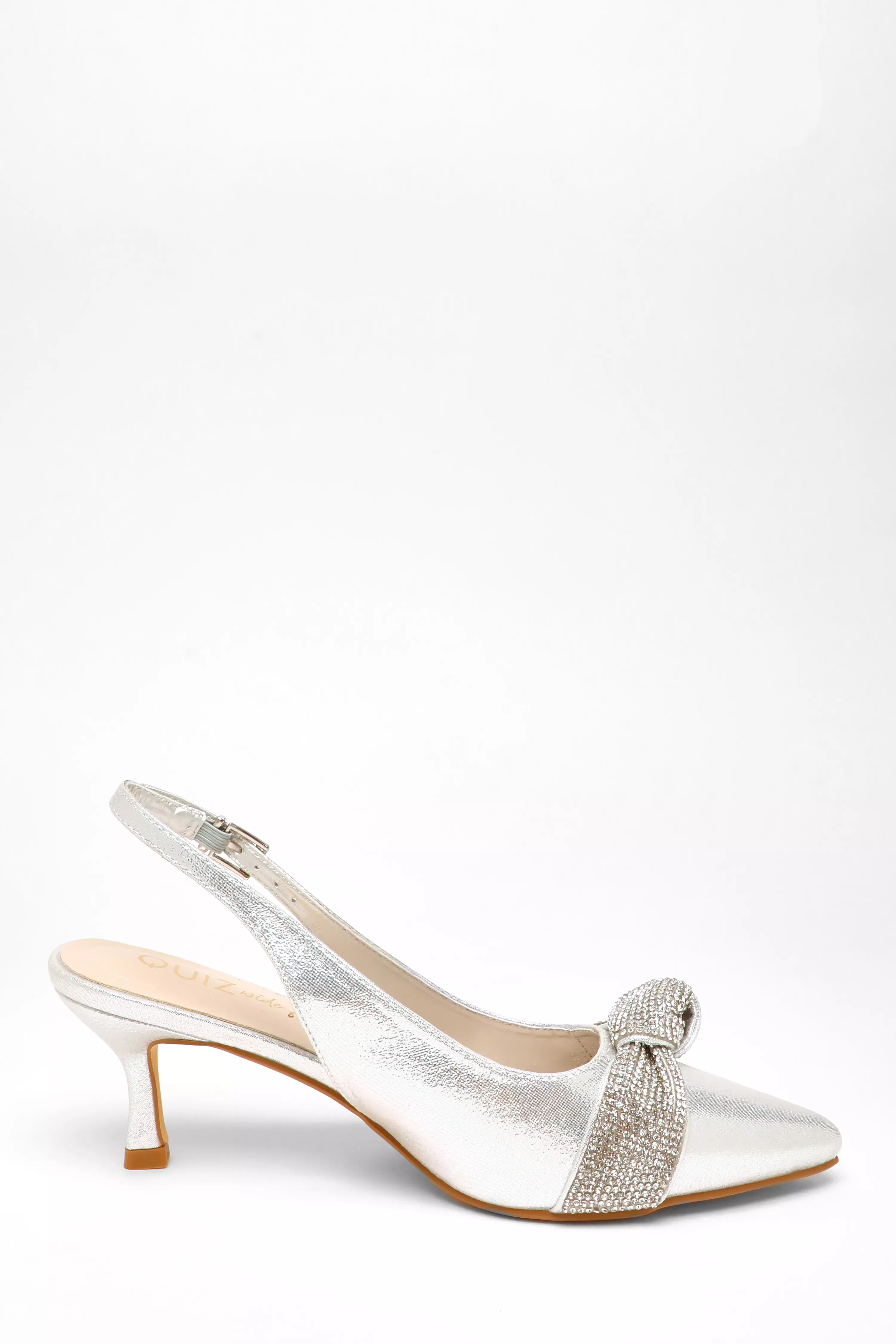 Wide Fit Silver Diamante Knot Sling Back Low Heels