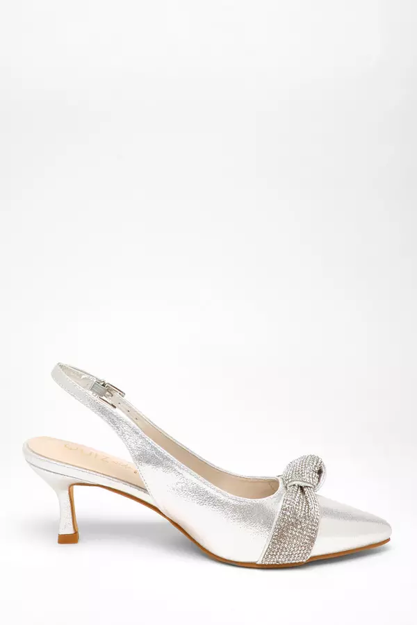 Wide Fit Silver Diamante Knot Sling Back Low Heels