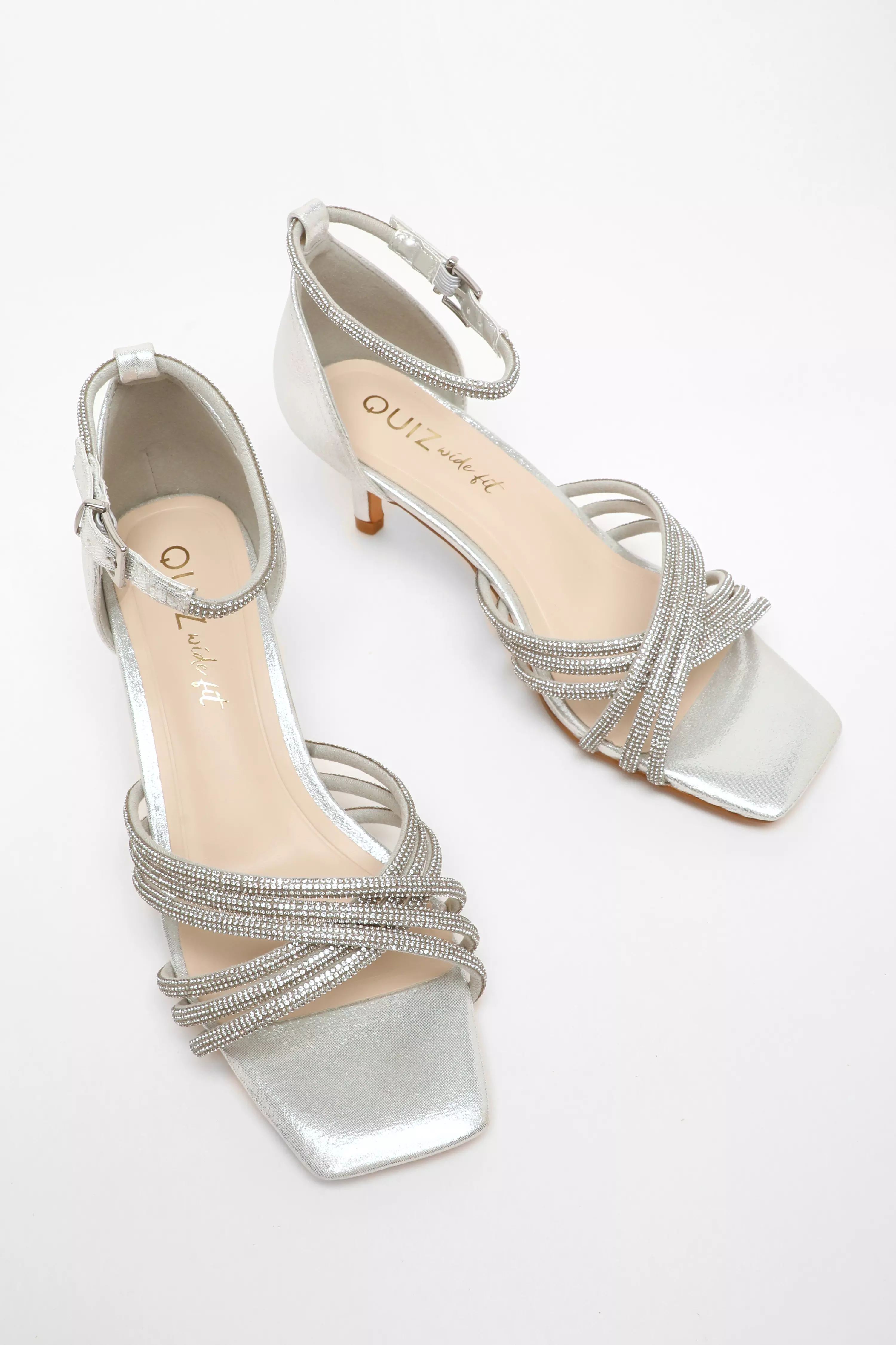 Wide fit Silver Shimmer Diamante Cross Strap Low Heels