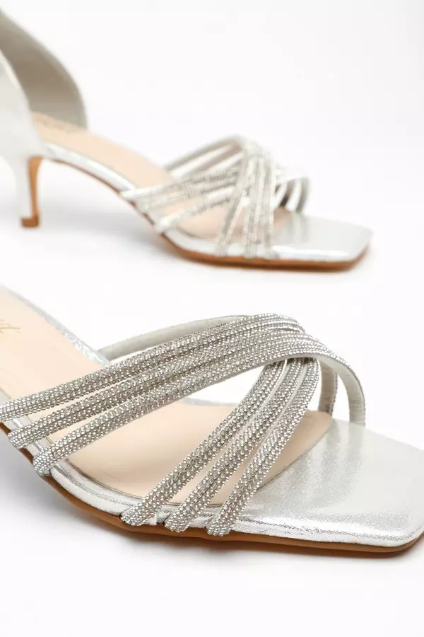Wide fit Silver Shimmer Diamante Cross Strap Low Heels