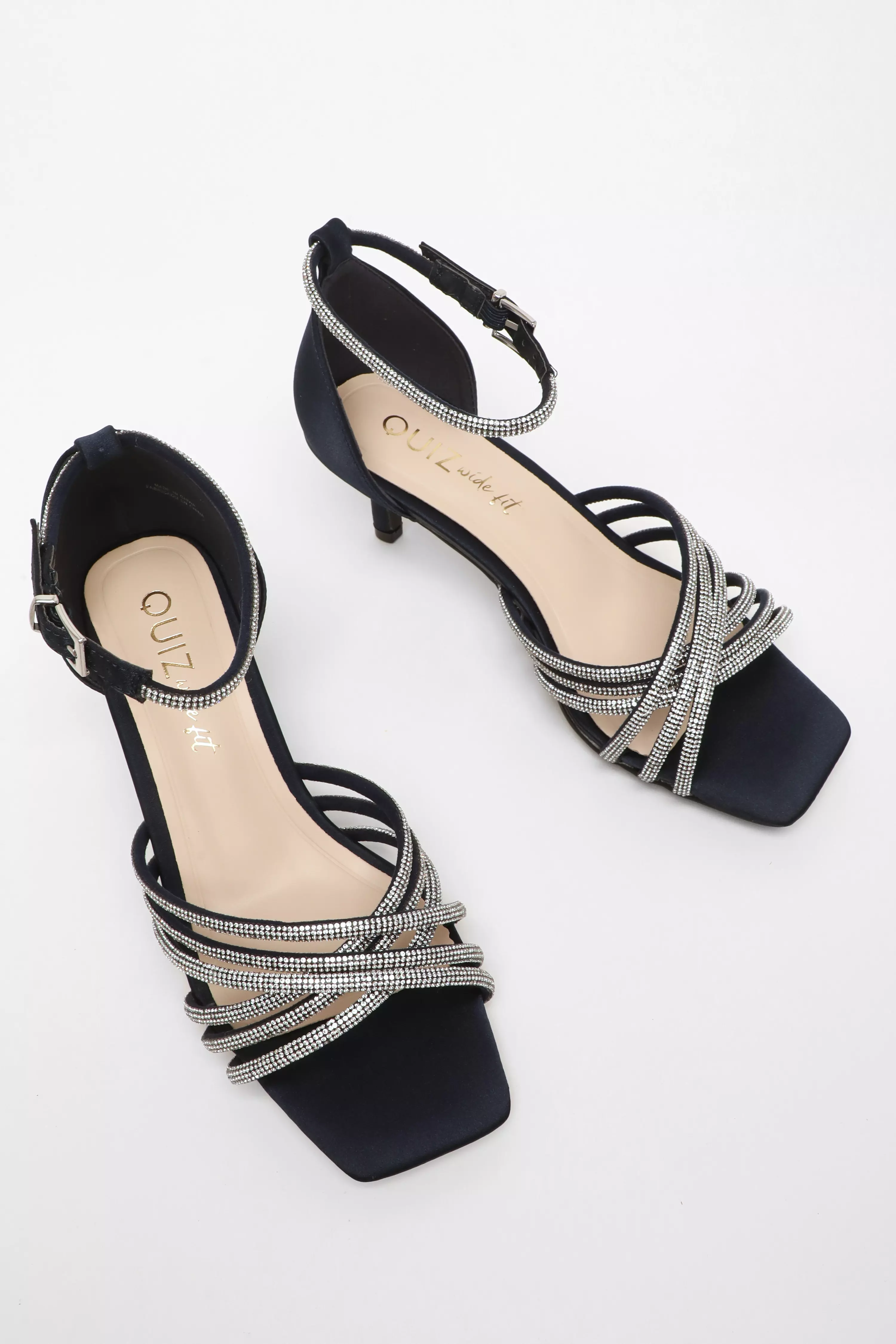 Wide Fit Navy Satin Diamante Cross Strap Low Heels