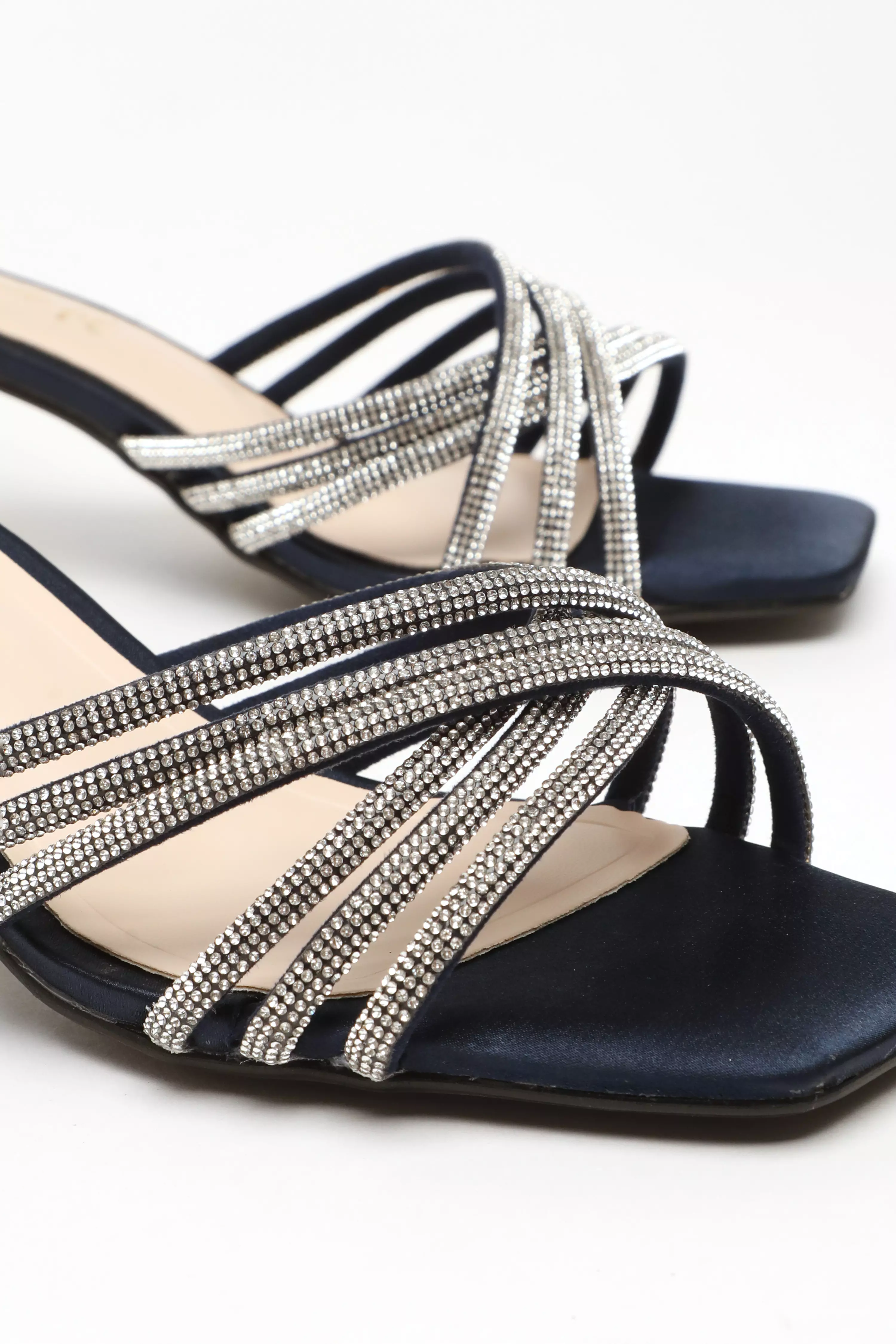 Wide Fit Navy Satin Diamante Cross Strap Low Heels