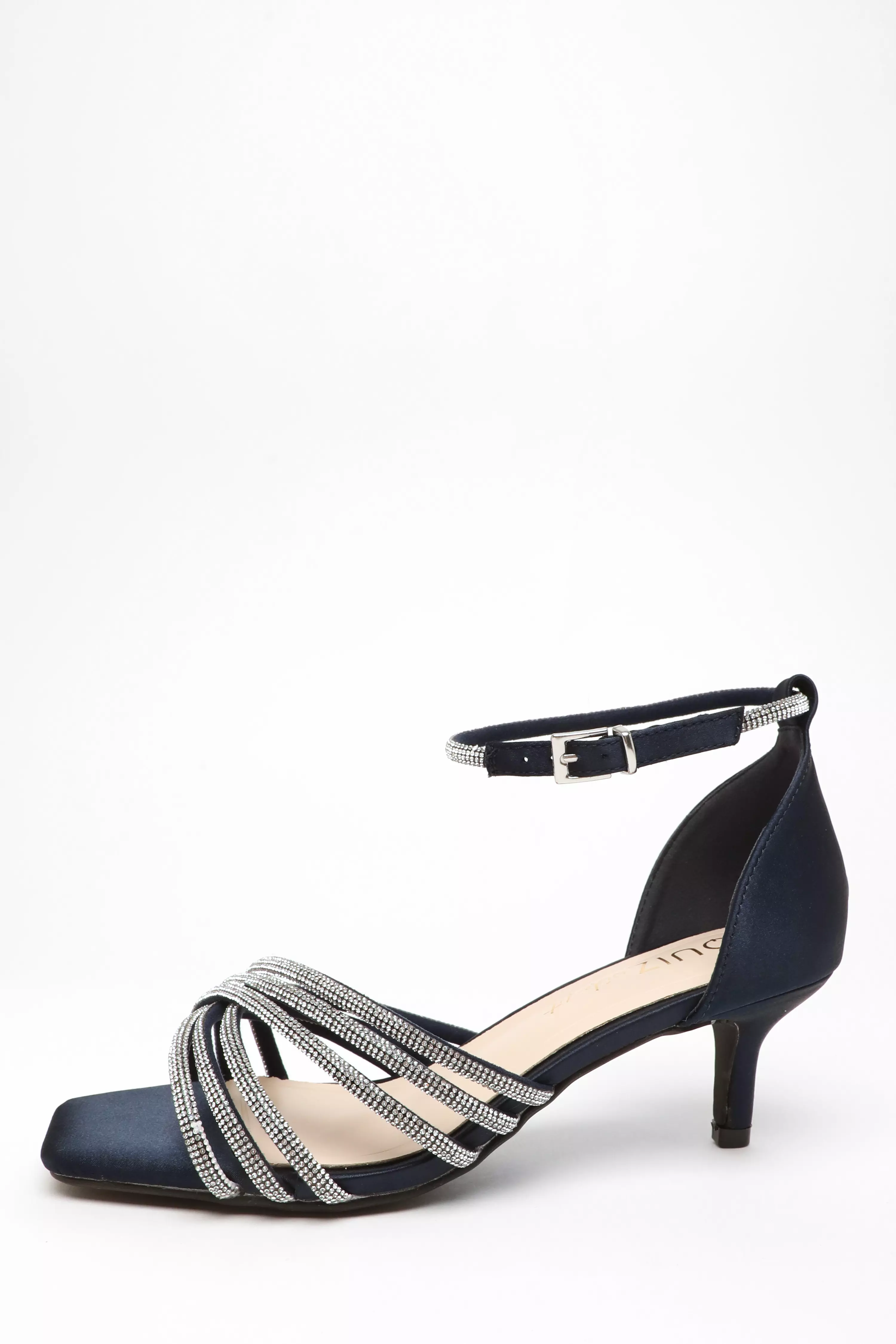 Wide Fit Navy Satin Diamante Cross Strap Low Heels